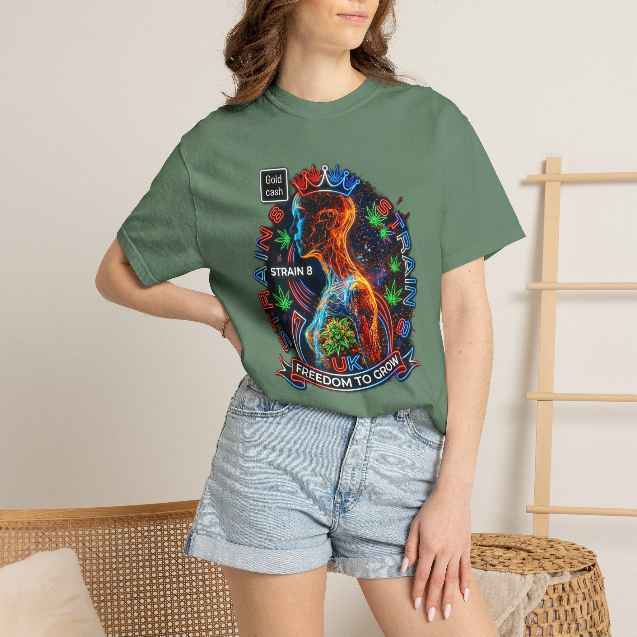 T-Shirt — Psychedelic Crowned Female Energy Glow, Freedom to Grow Graphic Tee (Strain8-UK)