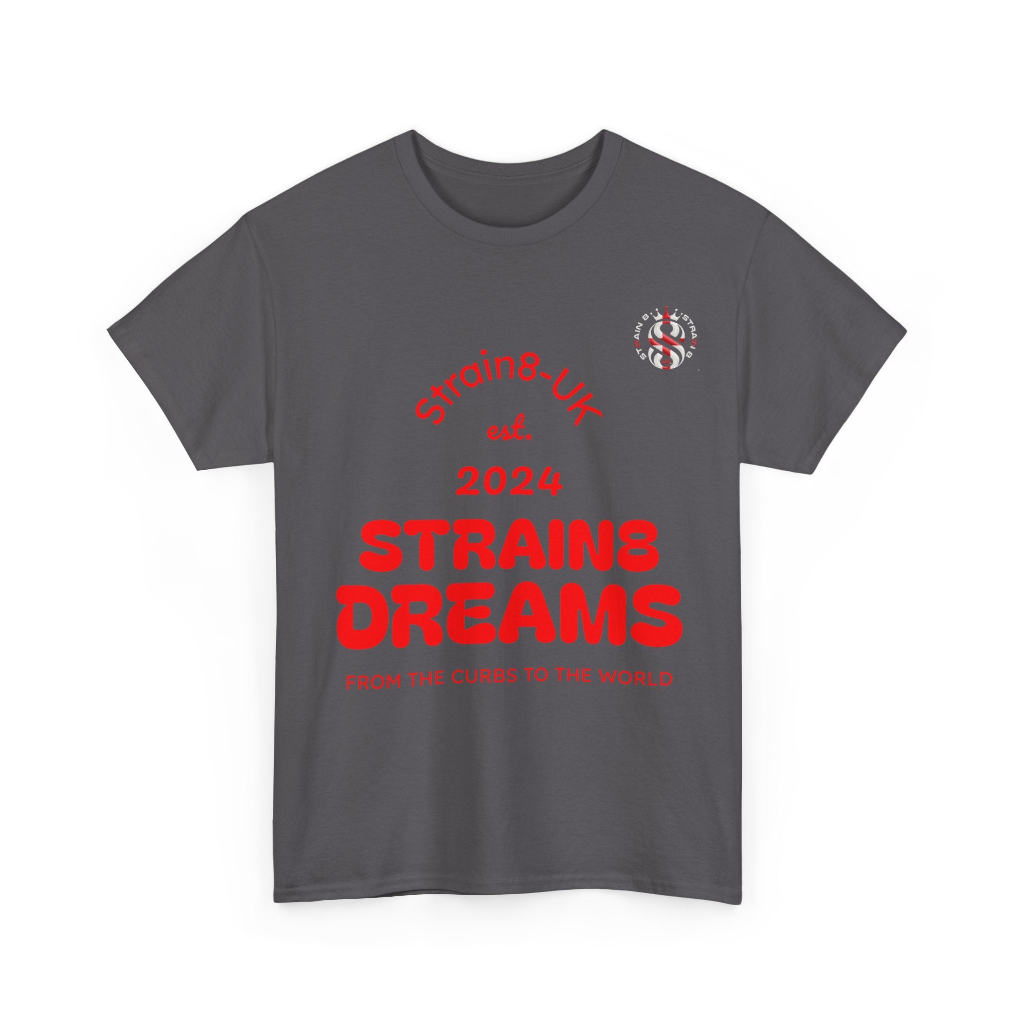 Strain8-UK Dreams 2024 St george cross & spanish flag original logo Tee — Graphic Band Tour Style T‑Shirt