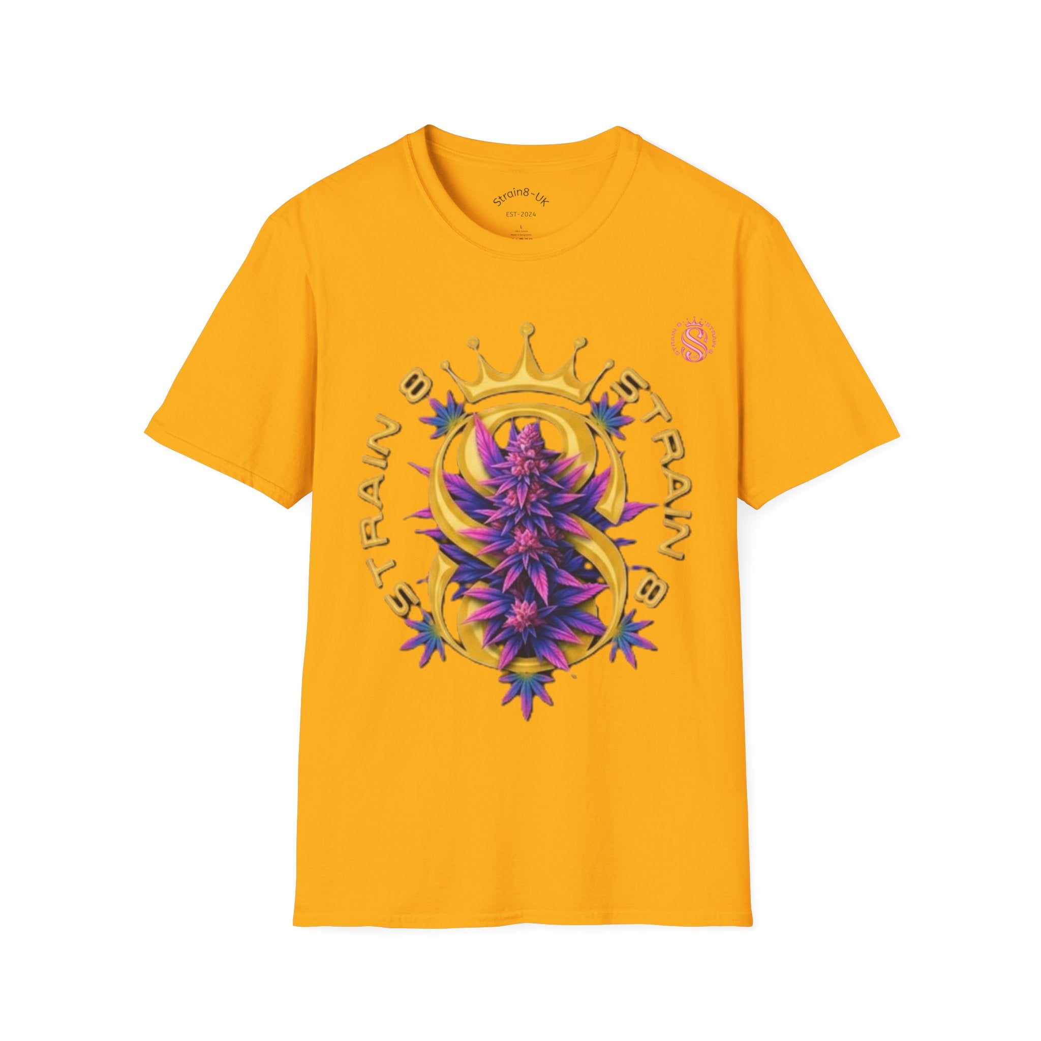 Strain8-UK Crowned Purple Floral & Original Logo T-Shirt — Strain8-UK Graphic Tee