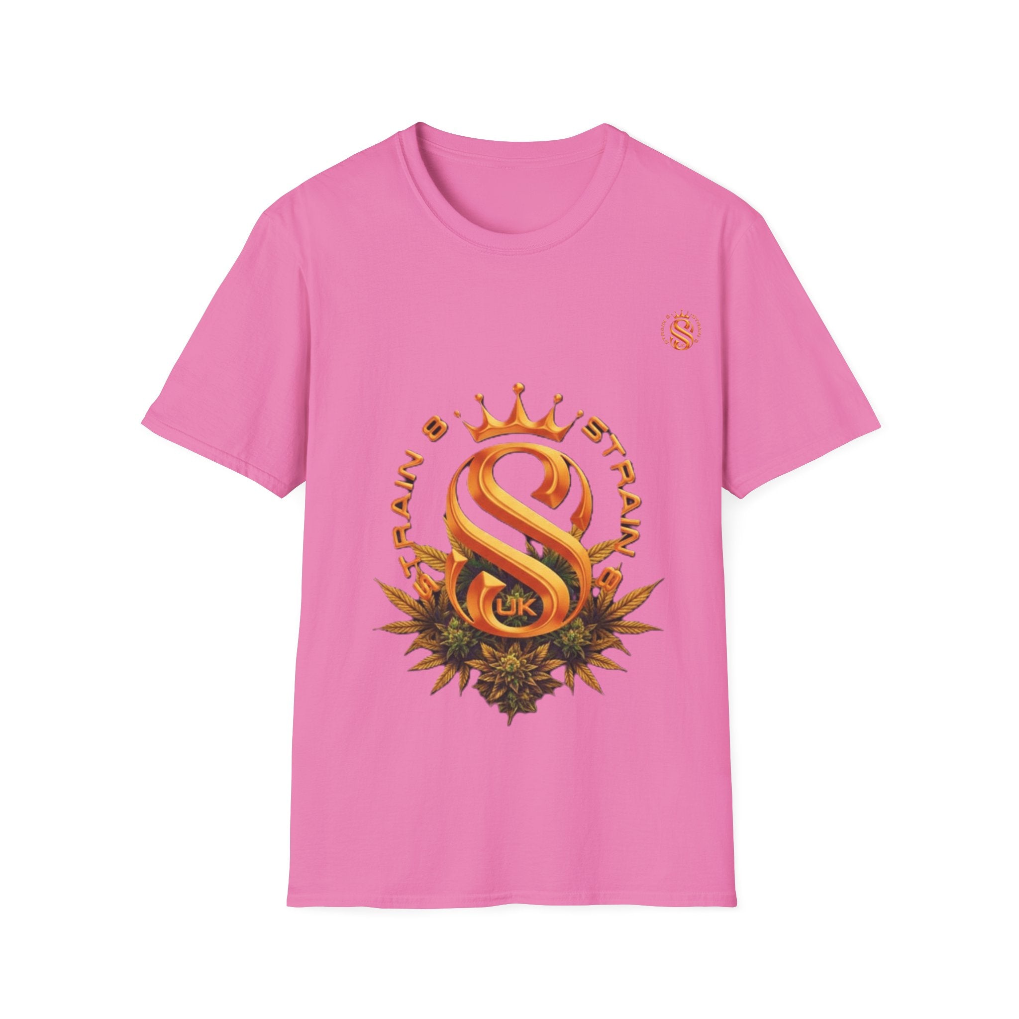 Strain8-UK metallic orange Royal Strain8-UK Emblem T‑Shirt — Crowned Strain8-UK Logo Graphic Tee