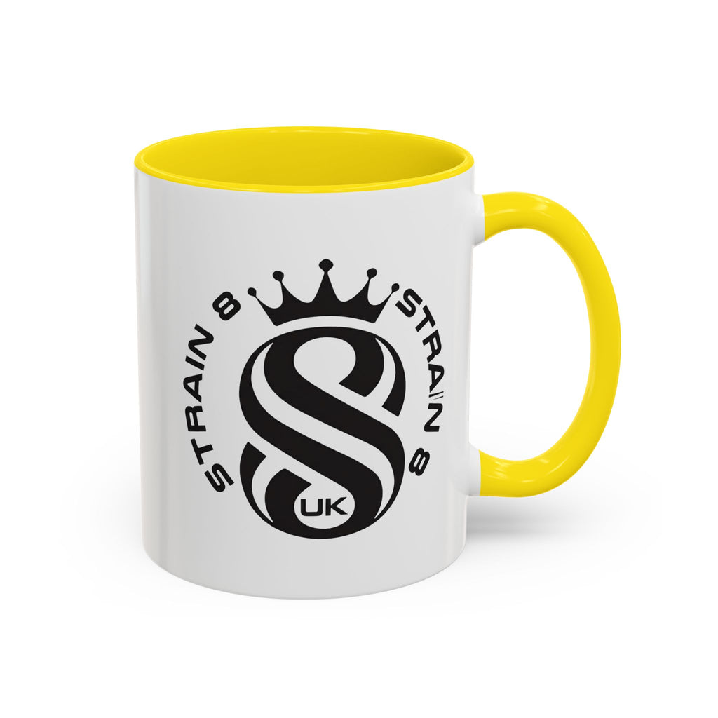 Strain 8 UK Logo Accent Coffee Mug — Crowned S8 Black & White