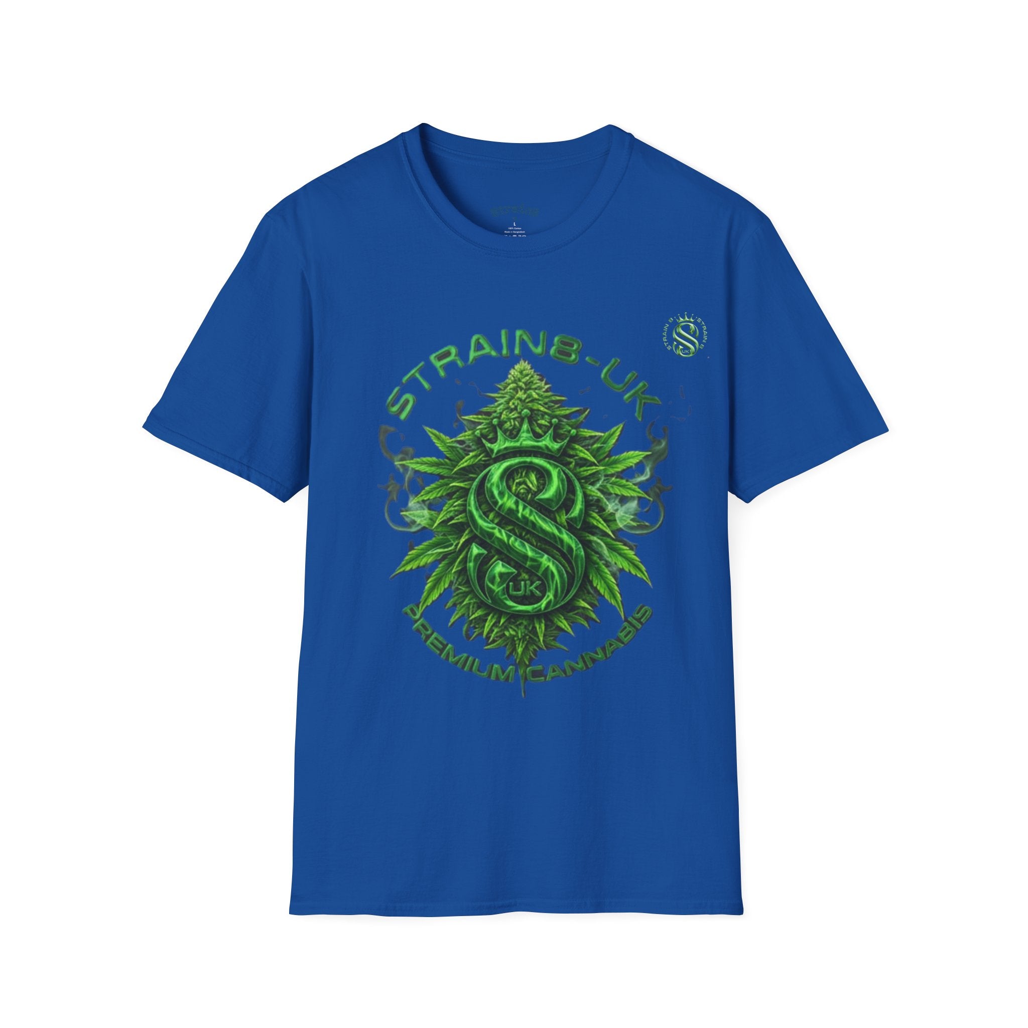 Strain8-UK logo/cannabis T-Shirt — Green Snake Crest 'STRAIN8-UK' Graphic Tee