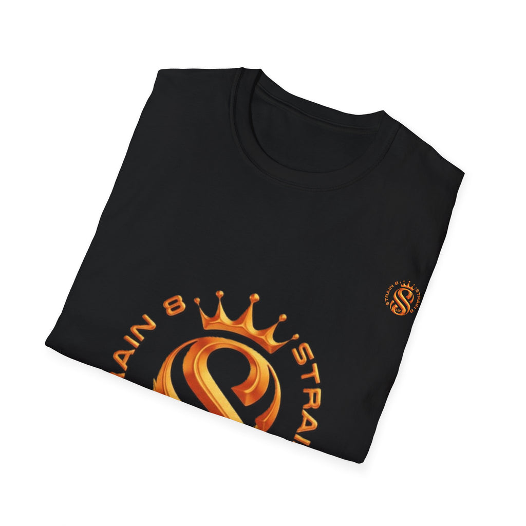 Strain8-UK metallic orange Royal Strain8-UK Emblem T‑Shirt — Crowned Strain8-UK Logo Graphic Tee