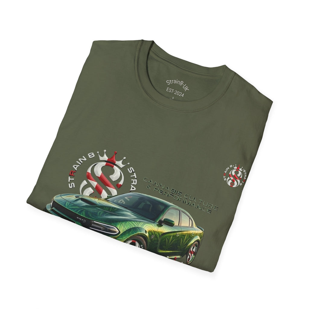High Performance Strain8-UK Muscle Car T‑Shirt — Green Sports Car Graphic St George Cross Alloys Tee