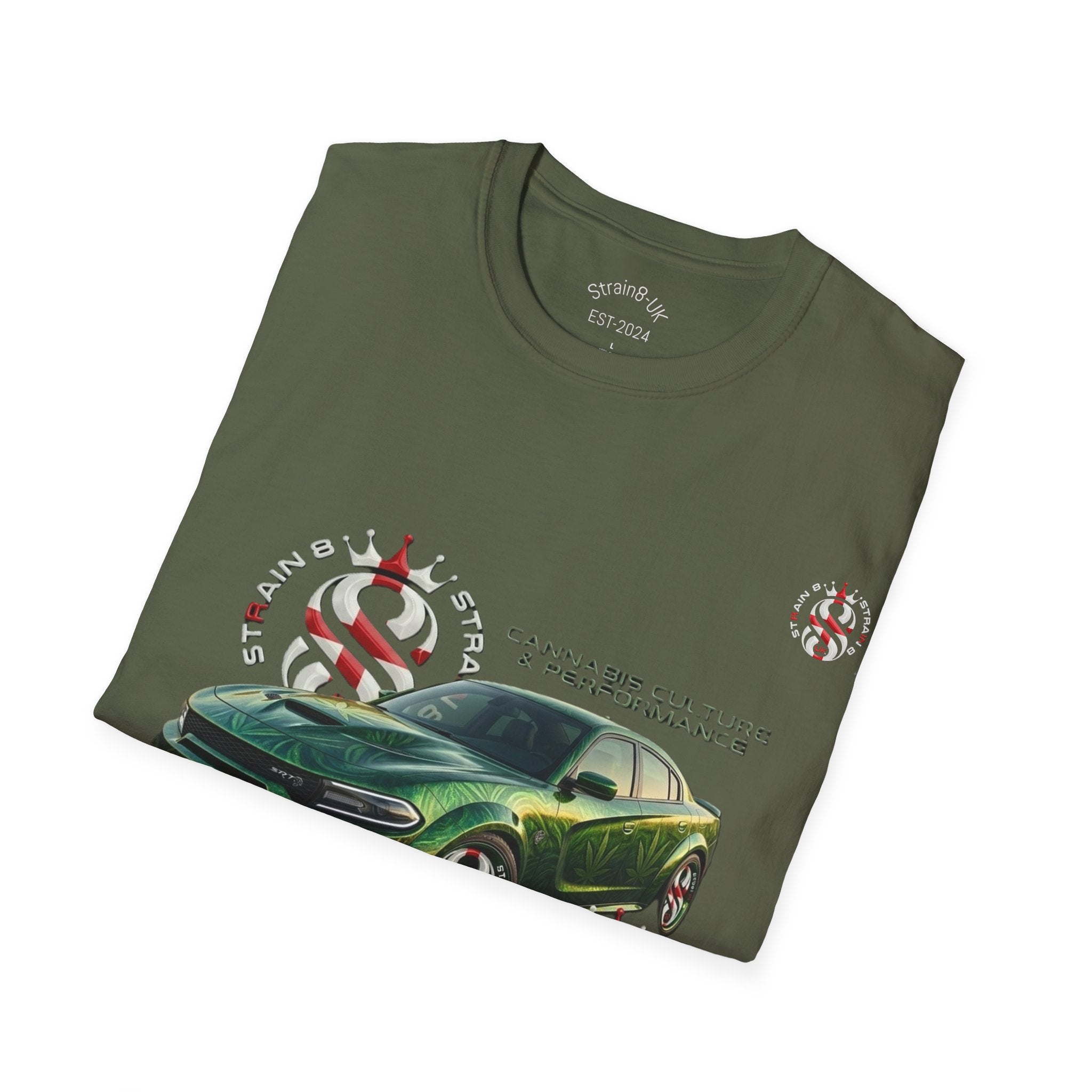 High Performance Strain8-UK Muscle Car T‑Shirt — Green Sports Car Graphic St George Cross Alloys Tee