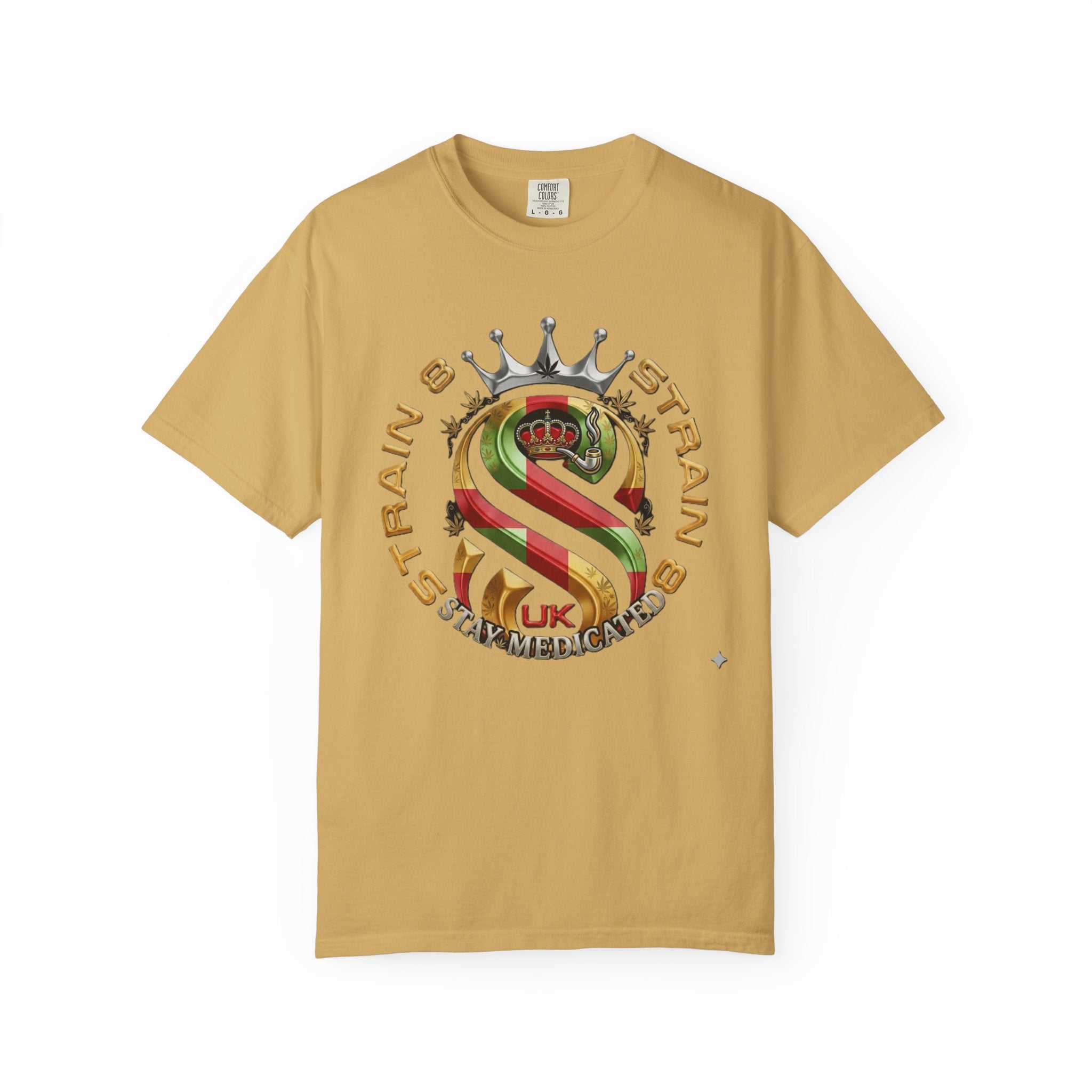 Strain8-UK Crown Logo T-Shirt — St George Cross Mixed With Spanish Flahg-Inspired Graphic Tee