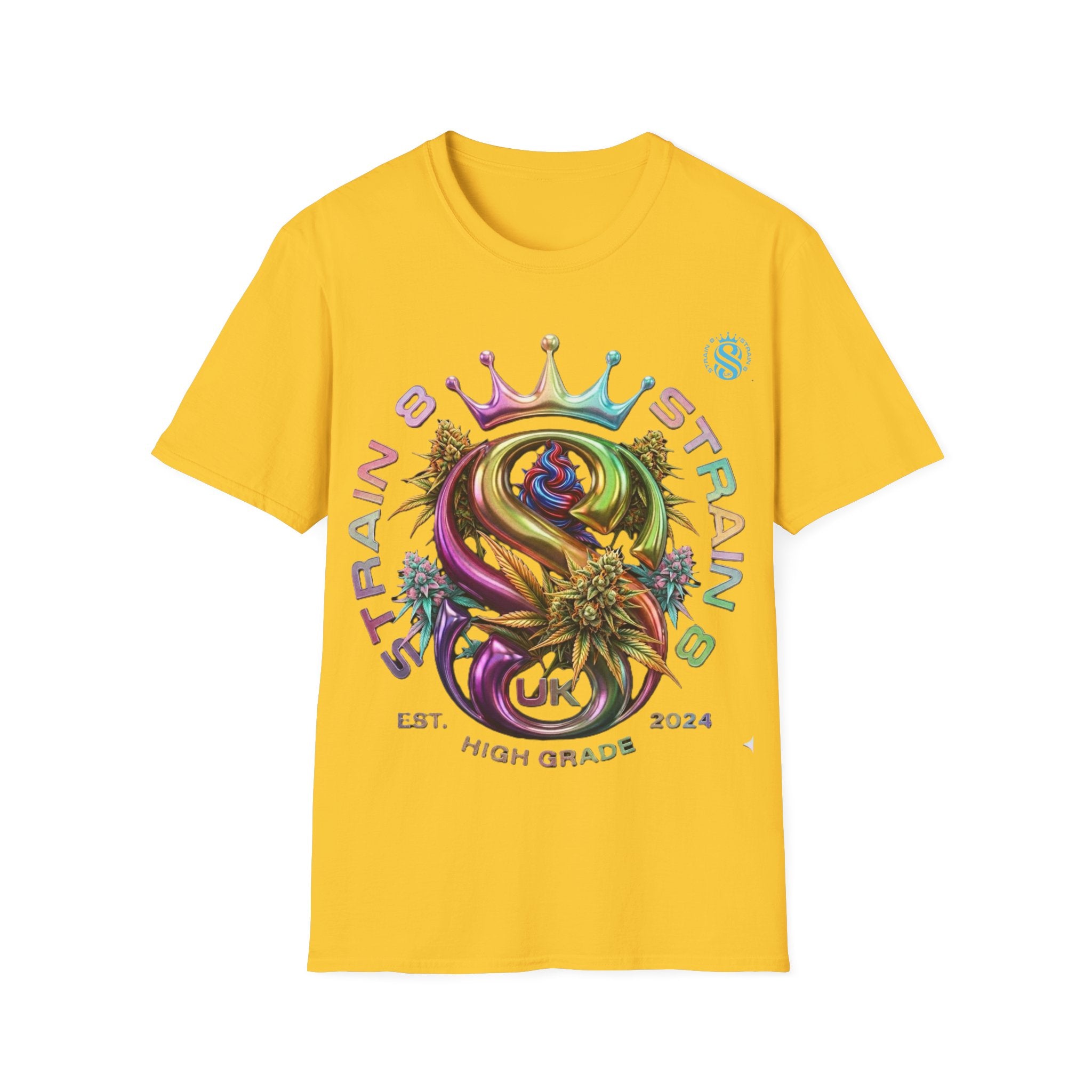 Strain8-UK Logo Crown Graphic T-Shirt — High Grade Cannabis Design