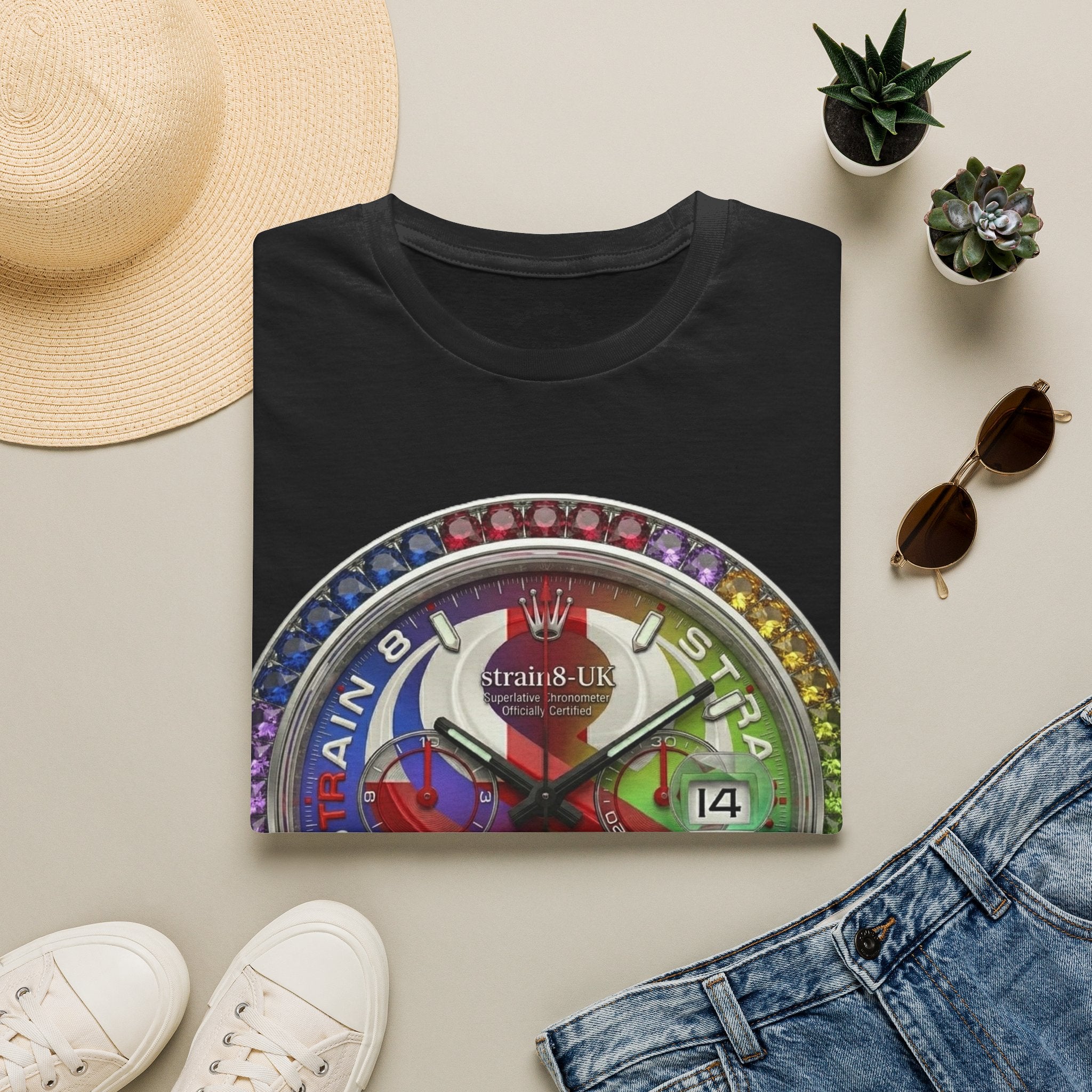 Rainbow Watch Face Graphic T‑Shirt —Strain8-UK Colourful Timepiece Dial Design
