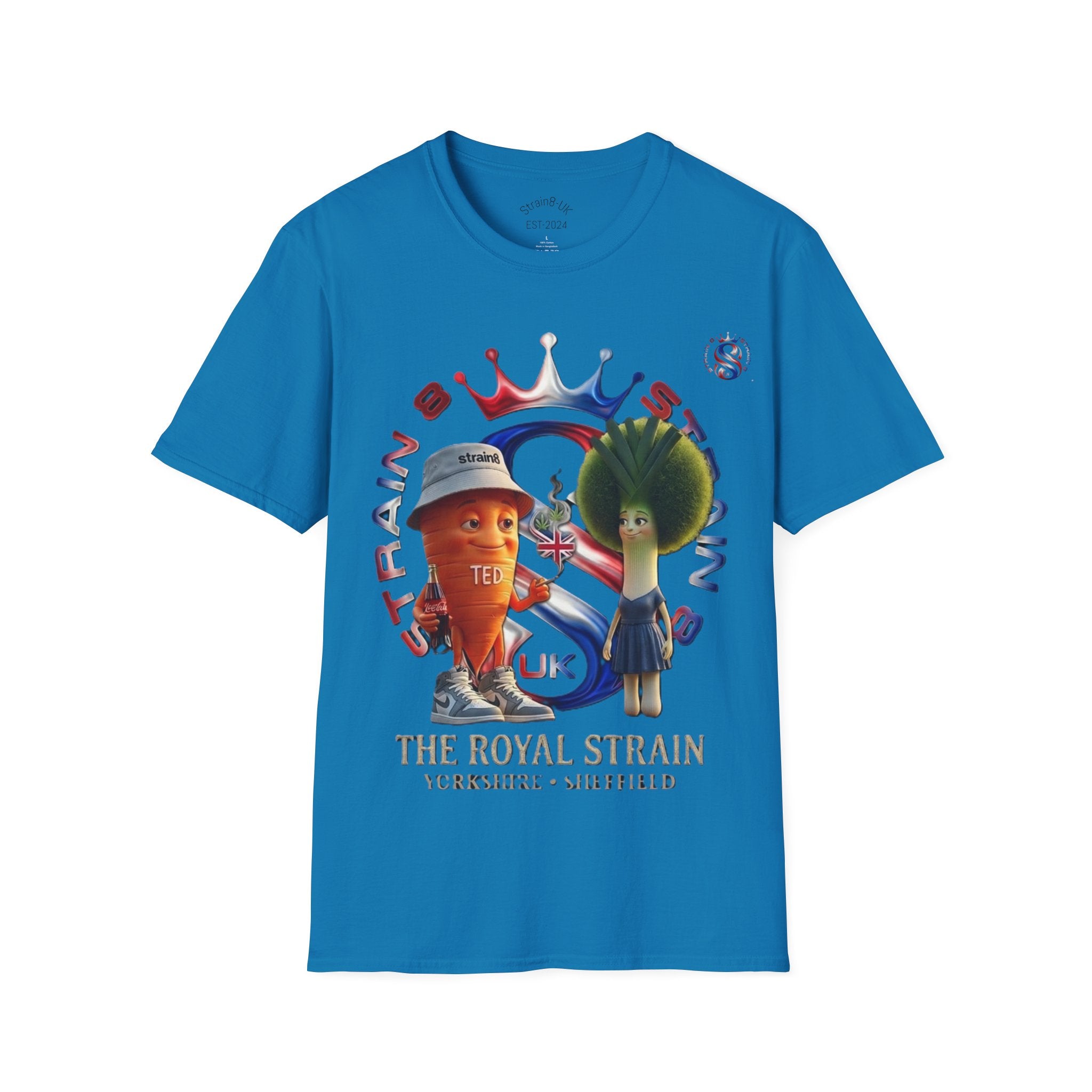 The Royal Strain8-UK T‑Shirt – Cute Cartoon Ted the carrot & Lucy the leak Veggie Characters Tee