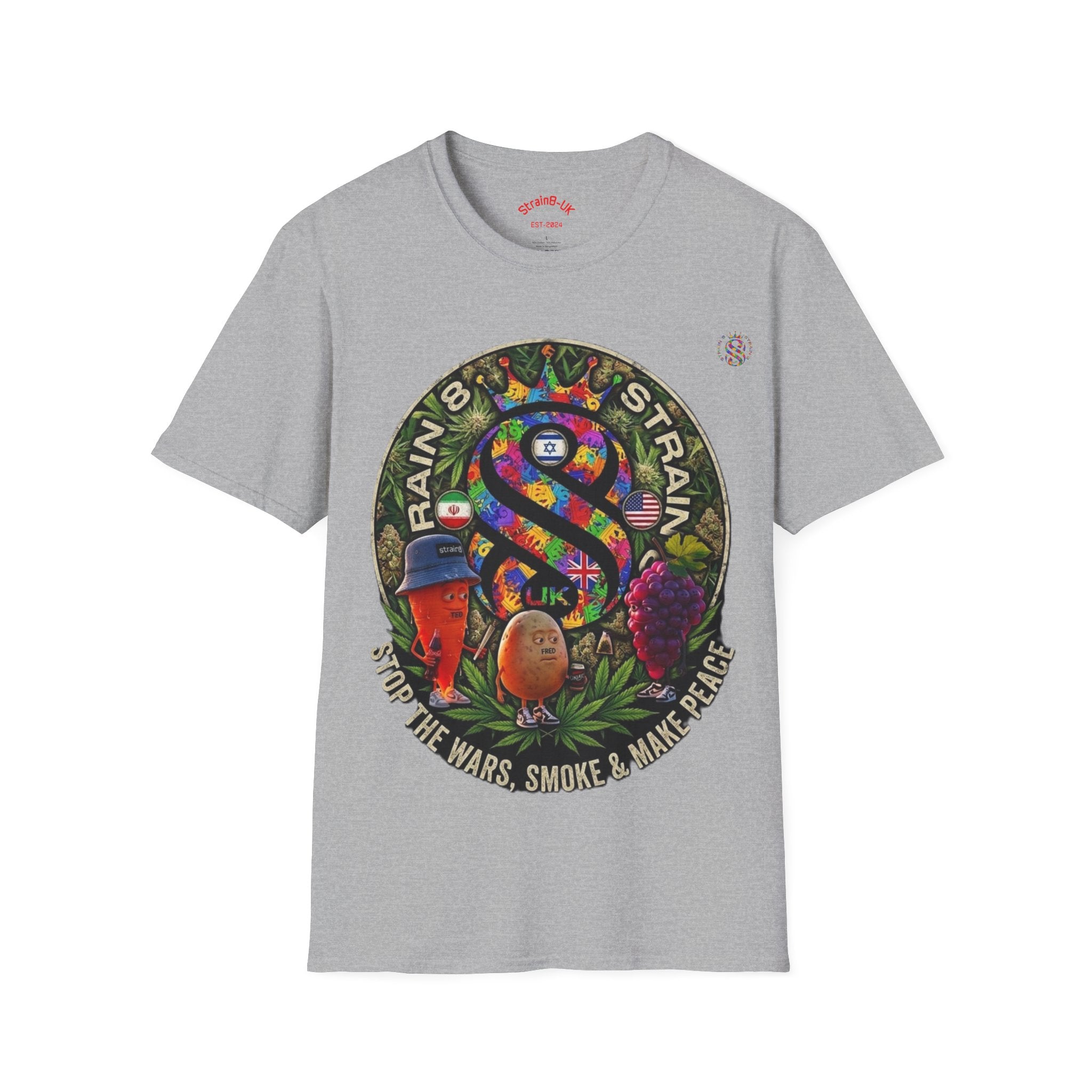 Rainbow Strain8-UK T‑Shirt — Psychedelic Cannabis Art Tee (Stop the Wars, Smoke & Make Peace)