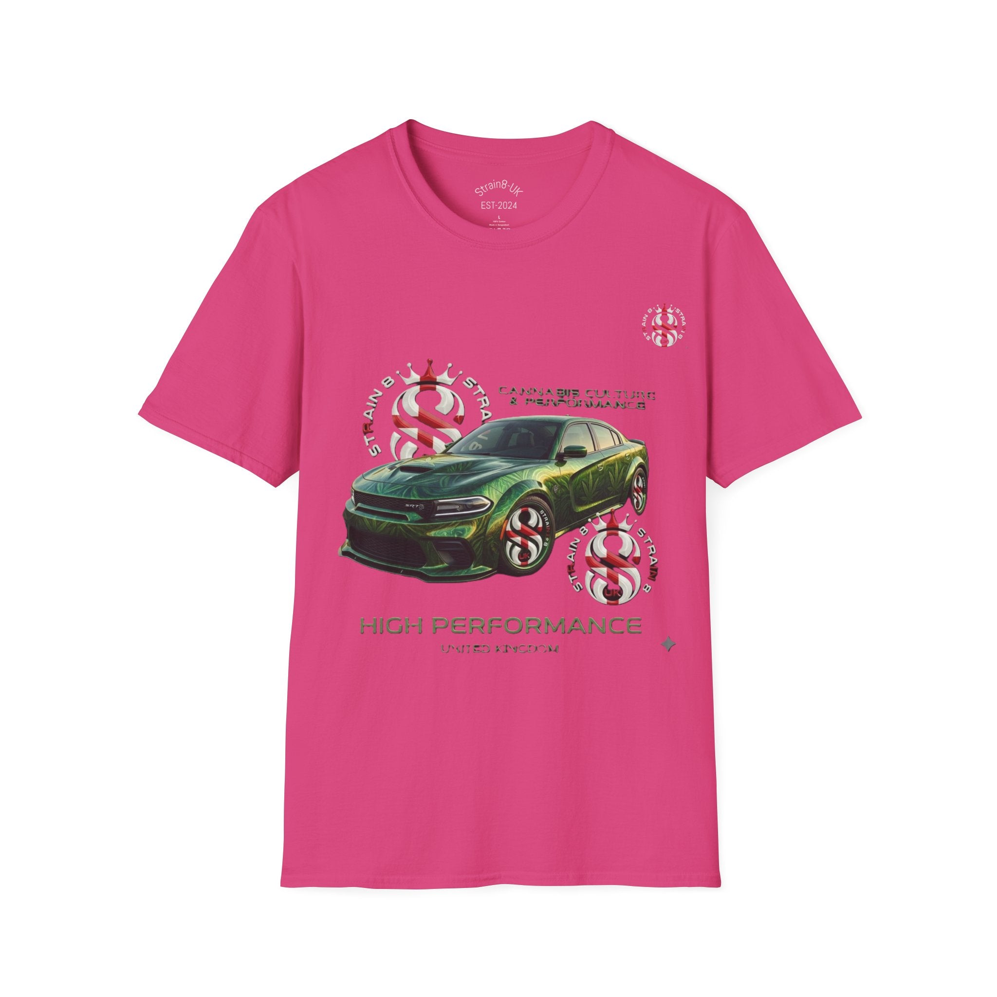 High Performance Strain8-UK Muscle Car T‑Shirt — Green Sports Car Graphic St George Cross Alloys Tee