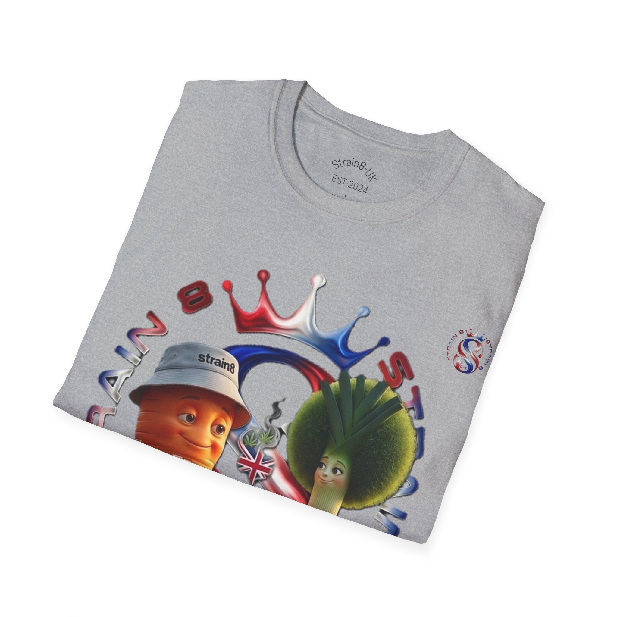 The Royal Strain8-UK T‑Shirt – Cute Cartoon Ted the carrot & Lucy the leak Veggie Characters Tee
