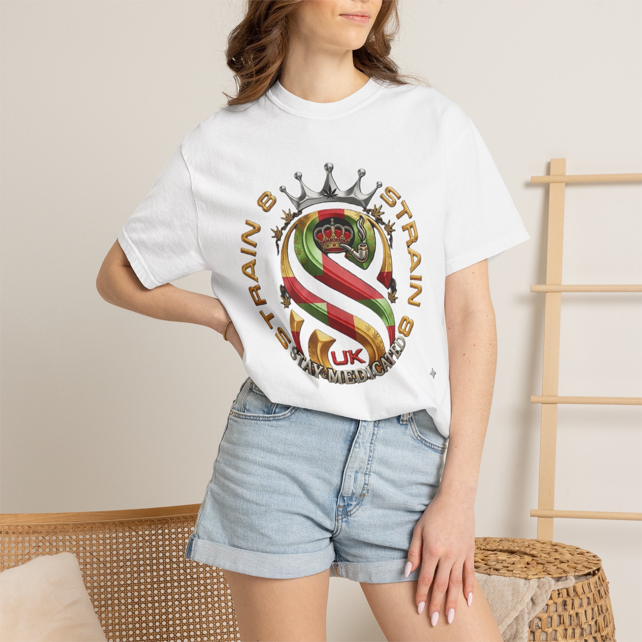 Strain8-UK Crown Logo T-Shirt — St George Cross Mixed With Spanish Flahg-Inspired Graphic Tee