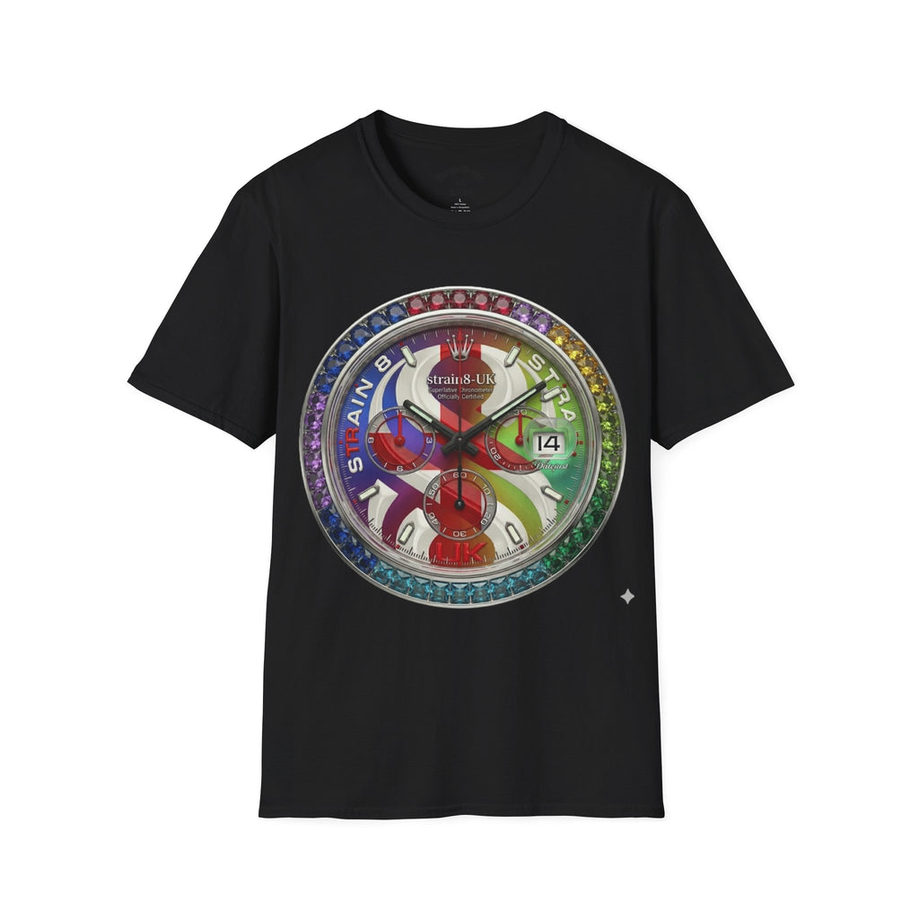 Rainbow Watch Face Graphic T‑Shirt —Strain8-UK Colourful Timepiece Dial Design
