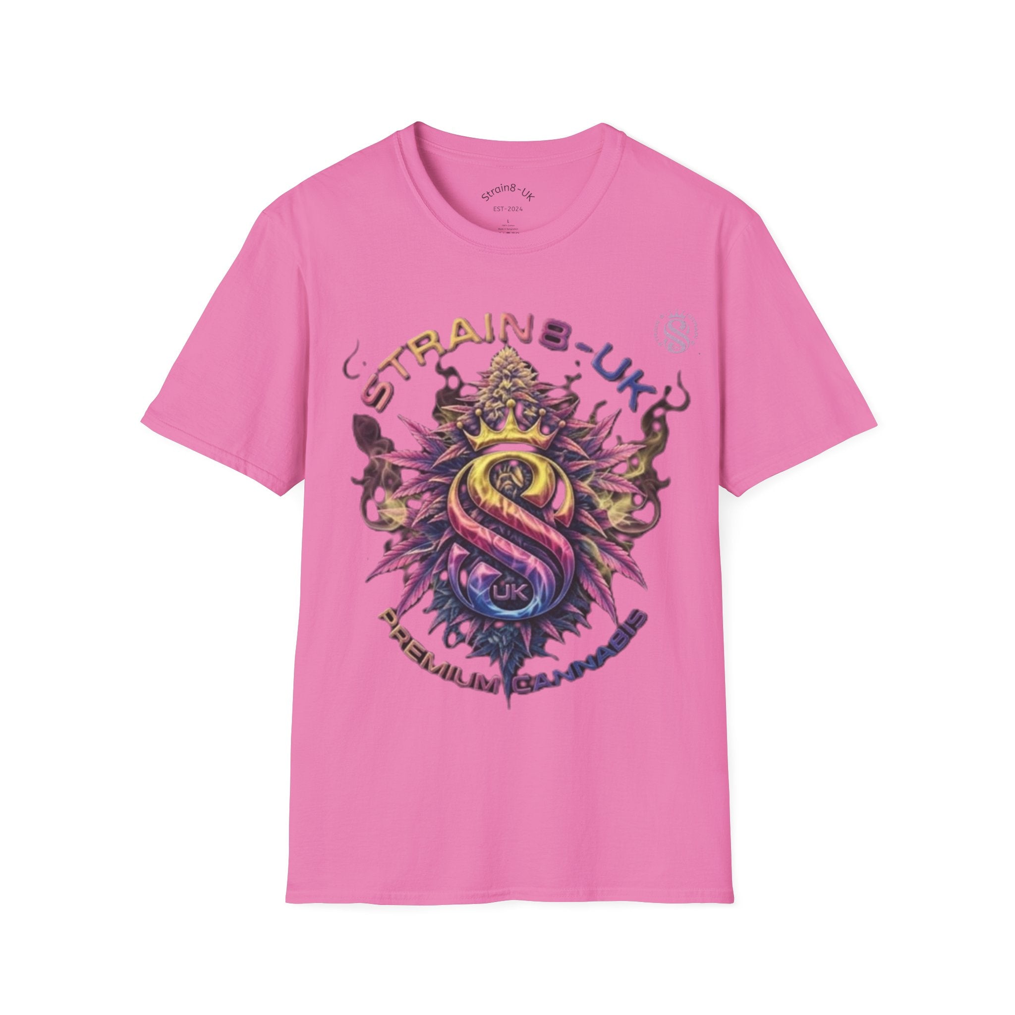 Strain8-UK T‑Shirt — Vibrant Psychedelic Leaf&Logo ‘STRAIN8-UK’ Graphic Tee