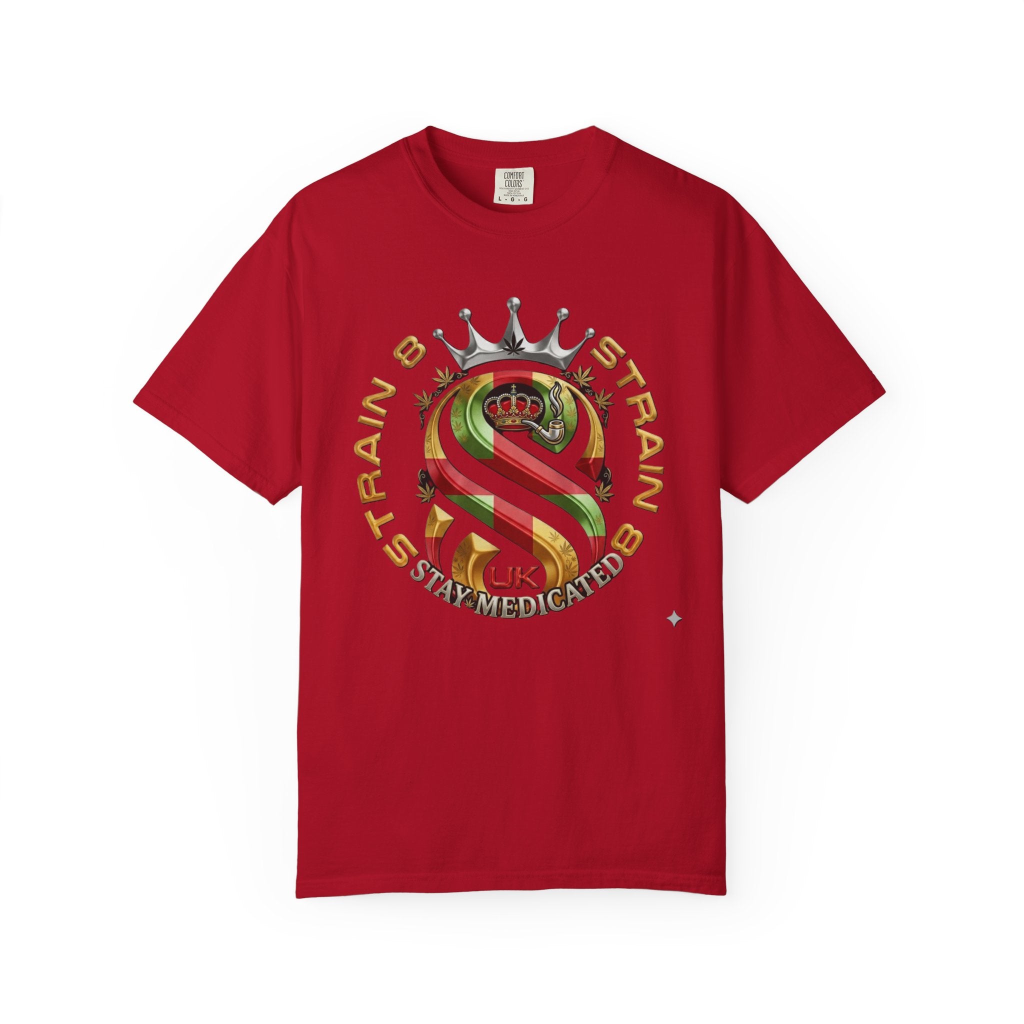 Strain8-UK Crown Logo T-Shirt — St George Cross Mixed With Spanish Flahg-Inspired Graphic Tee