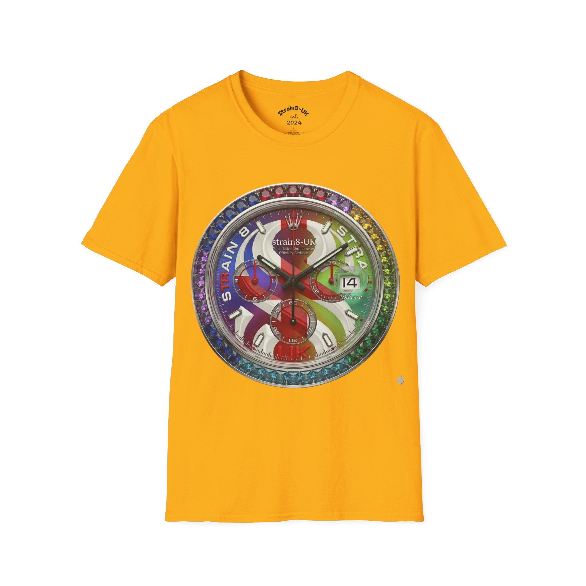 Rainbow Watch Face Graphic T‑Shirt —Strain8-UK Colourful Timepiece Dial Design