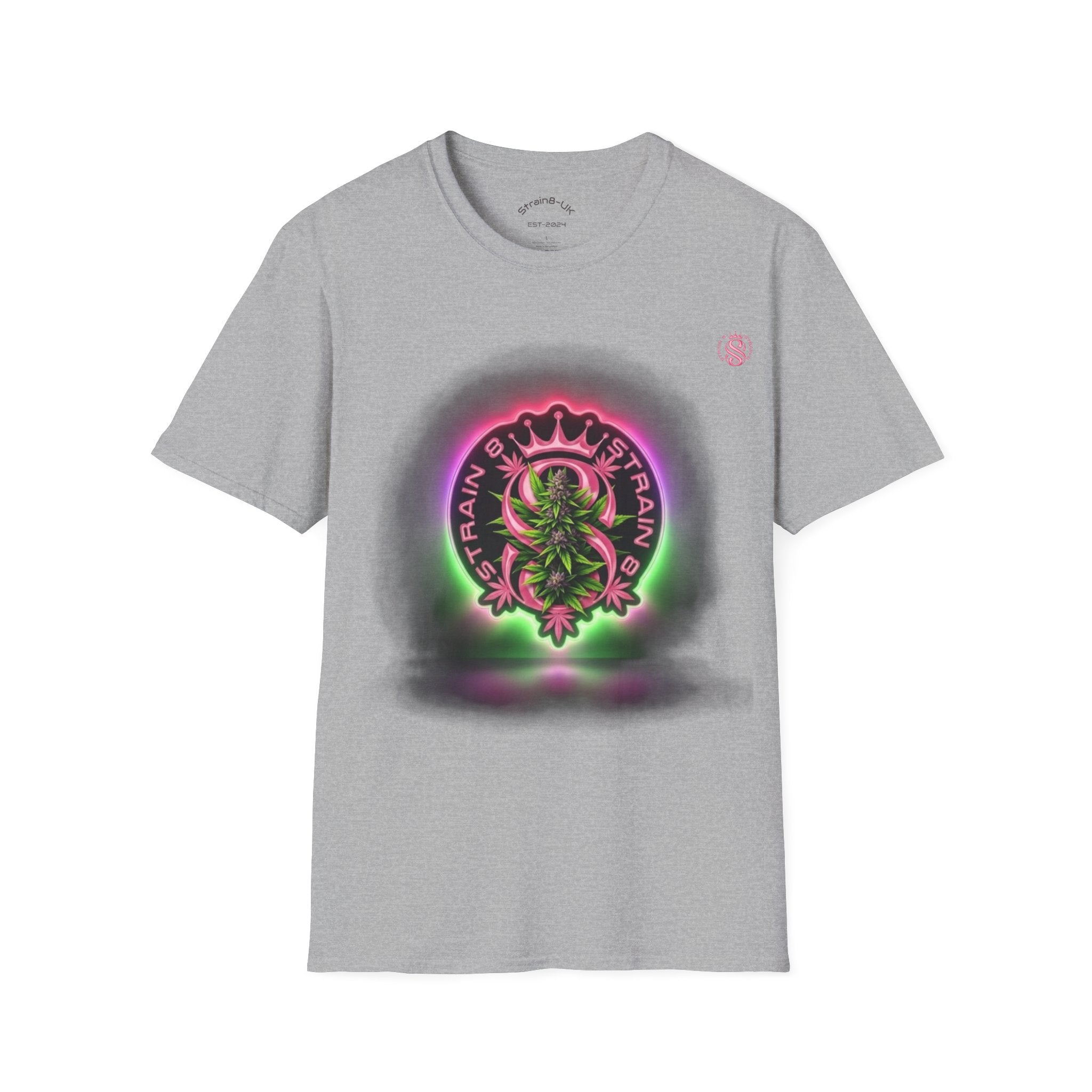 Unisex Softstyle Strain8-UK Neon Glow S8-UK Logo with flower Design T-Shirt