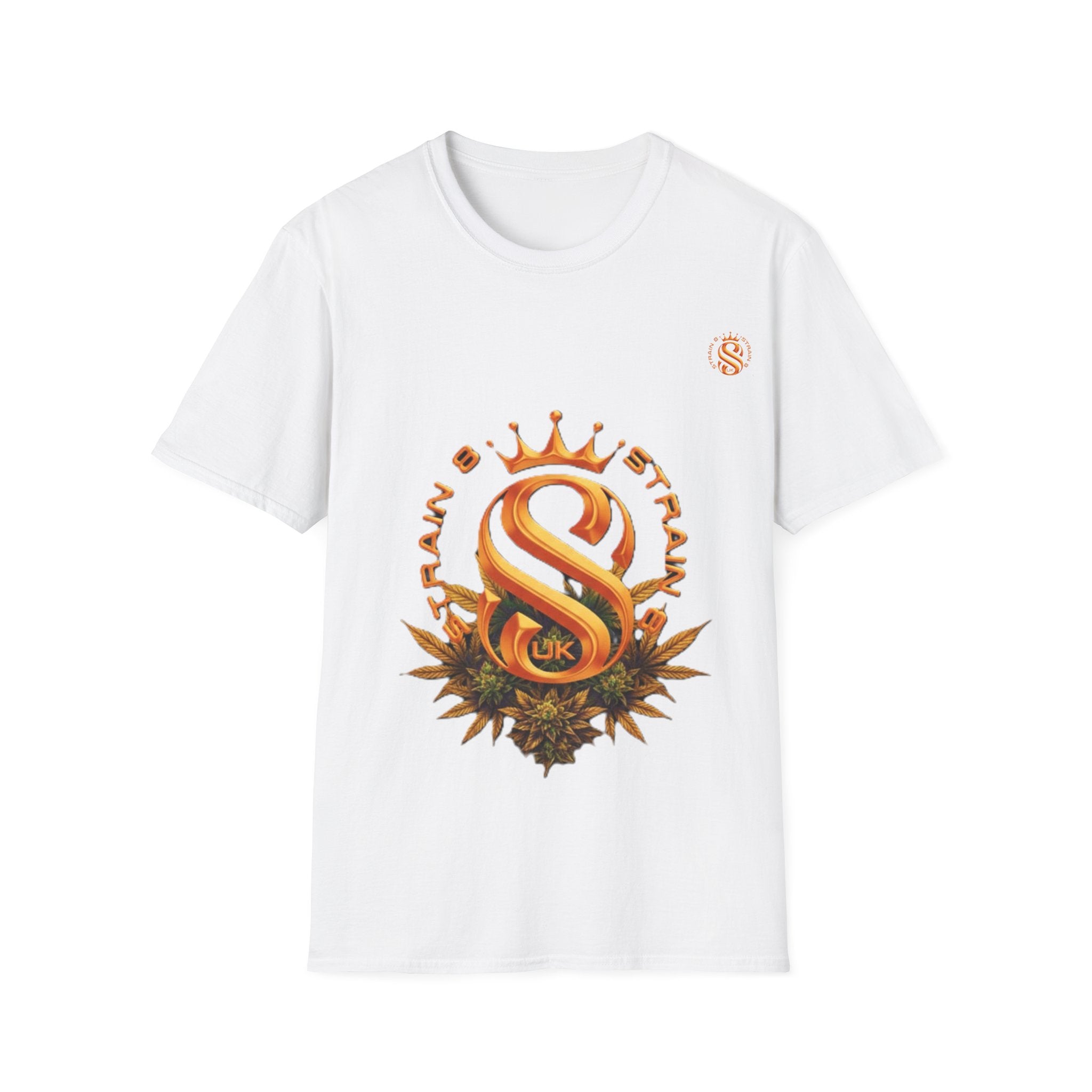 Strain8-UK metallic orange Royal Strain8-UK Emblem T‑Shirt — Crowned Strain8-UK Logo Graphic Tee