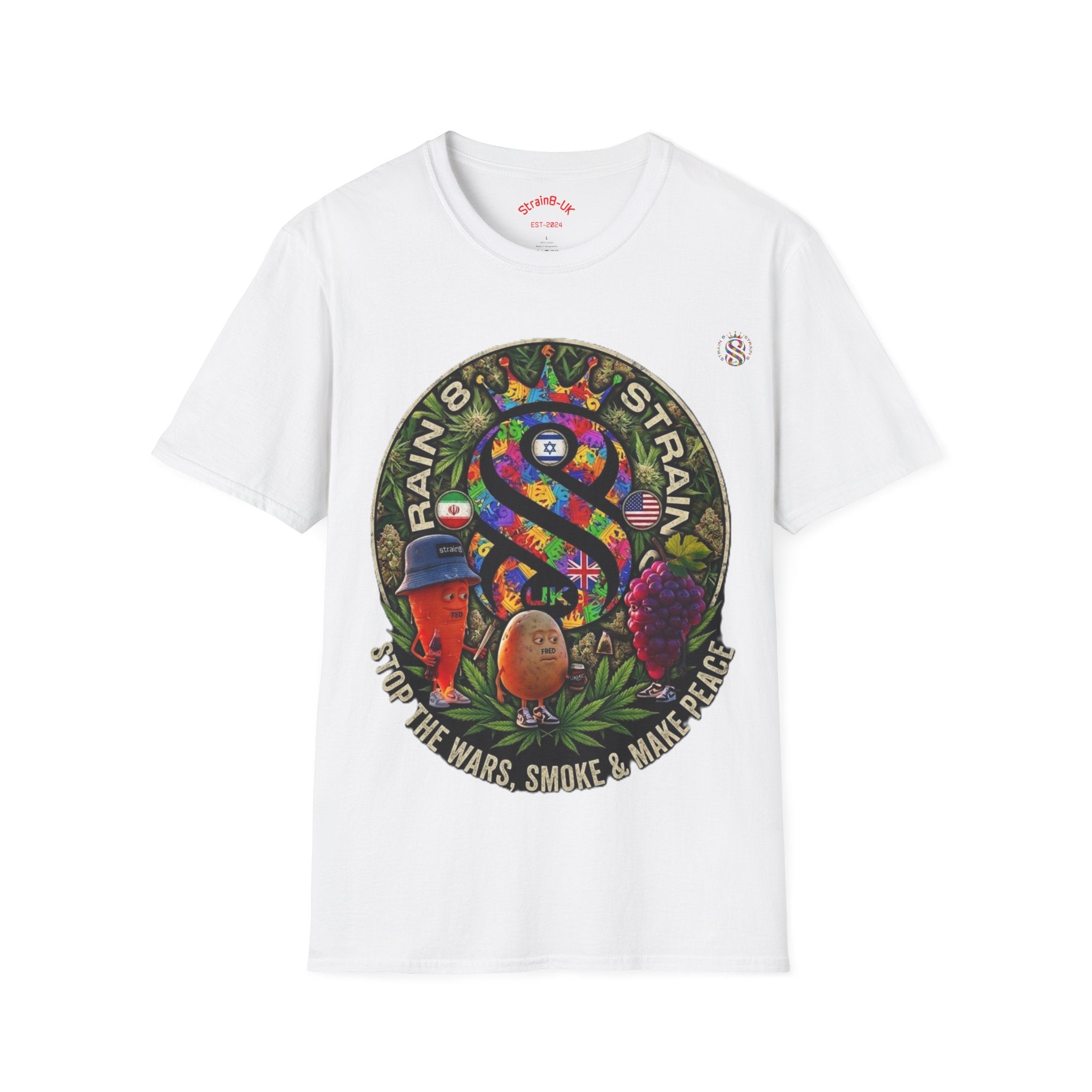 Rainbow Strain8-UK T‑Shirt — Psychedelic Cannabis Art Tee (Stop the Wars, Smoke & Make Peace)