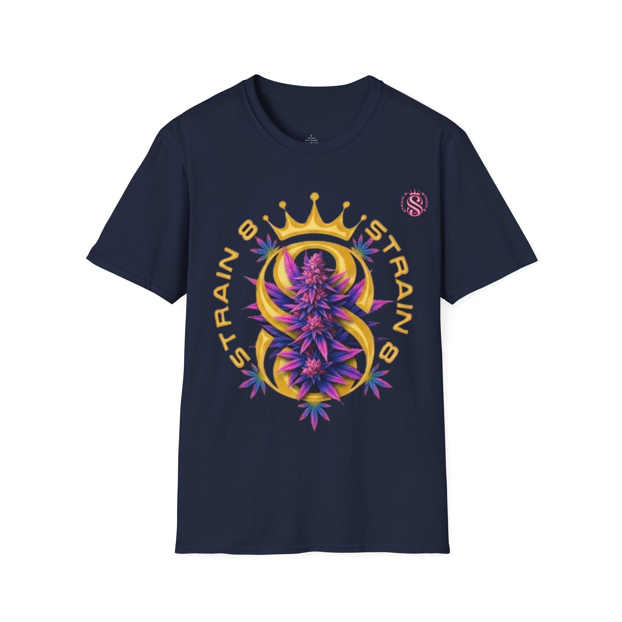 Strain8-UK Crowned Purple Floral & Original Logo T-Shirt — Strain8-UK Graphic Tee