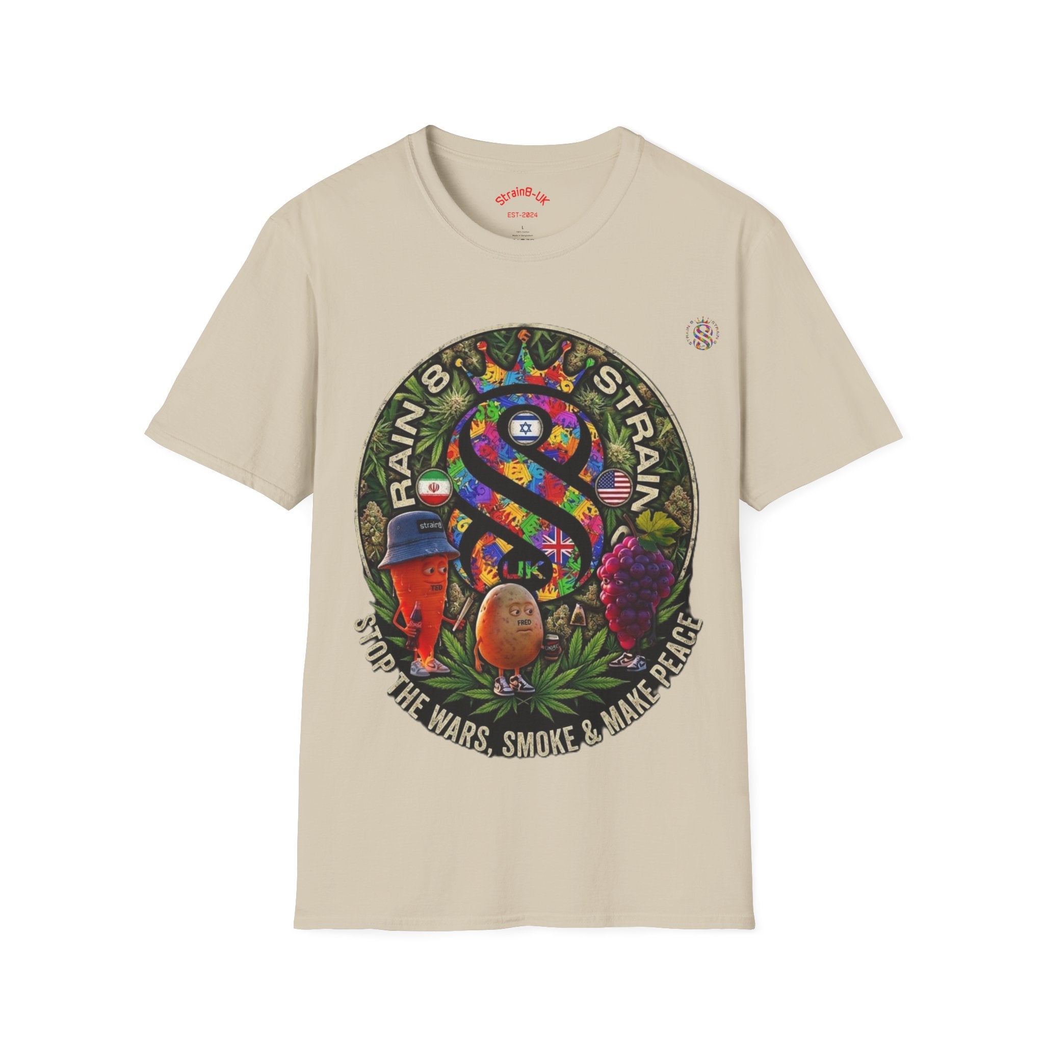 Rainbow Strain8-UK T‑Shirt — Psychedelic Cannabis Art Tee (Stop the Wars, Smoke & Make Peace)