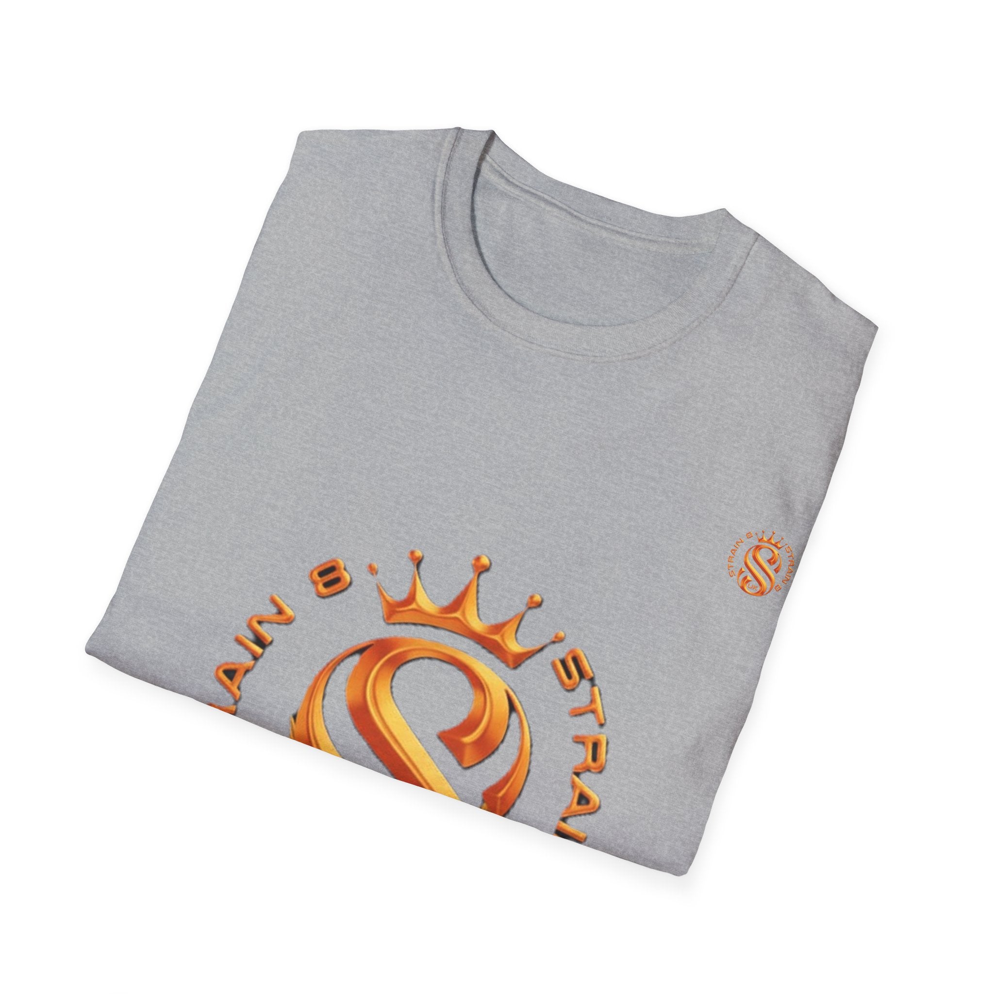 Strain8-UK metallic orange Royal Strain8-UK Emblem T‑Shirt — Crowned Strain8-UK Logo Graphic Tee