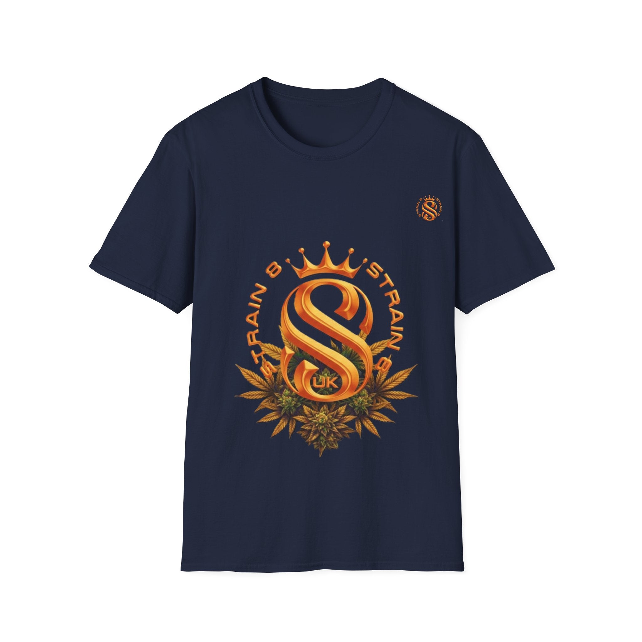 Strain8-UK metallic orange Royal Strain8-UK Emblem T‑Shirt — Crowned Strain8-UK Logo Graphic Tee