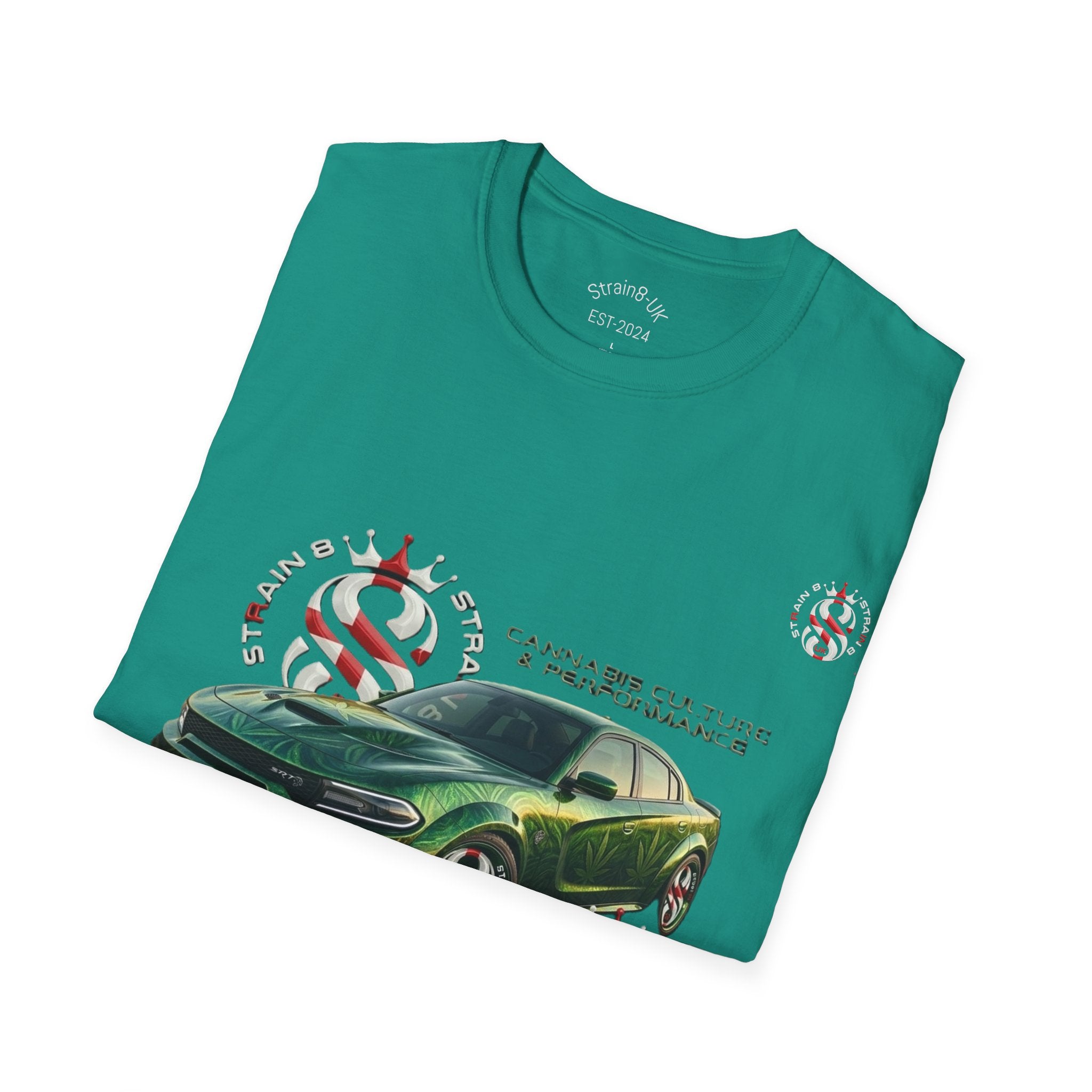 High Performance Strain8-UK Muscle Car T‑Shirt — Green Sports Car Graphic St George Cross Alloys Tee