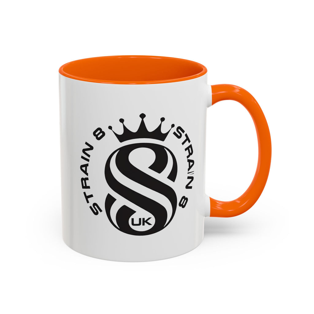 Strain 8 UK Logo Accent Coffee Mug — Crowned S8 Black & White