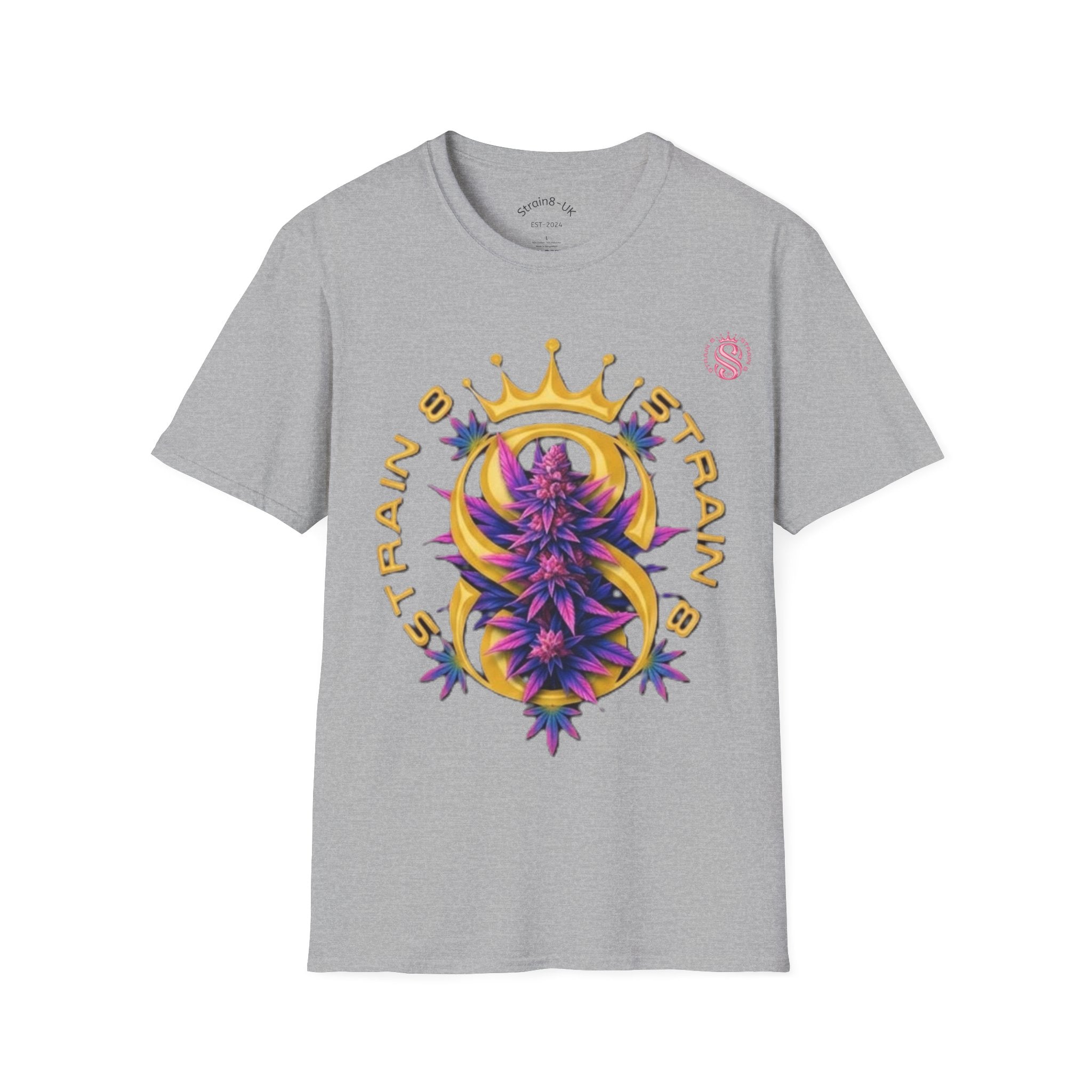 Strain8-UK Crowned Purple Floral & Original Logo T-Shirt — Strain8-UK Graphic Tee