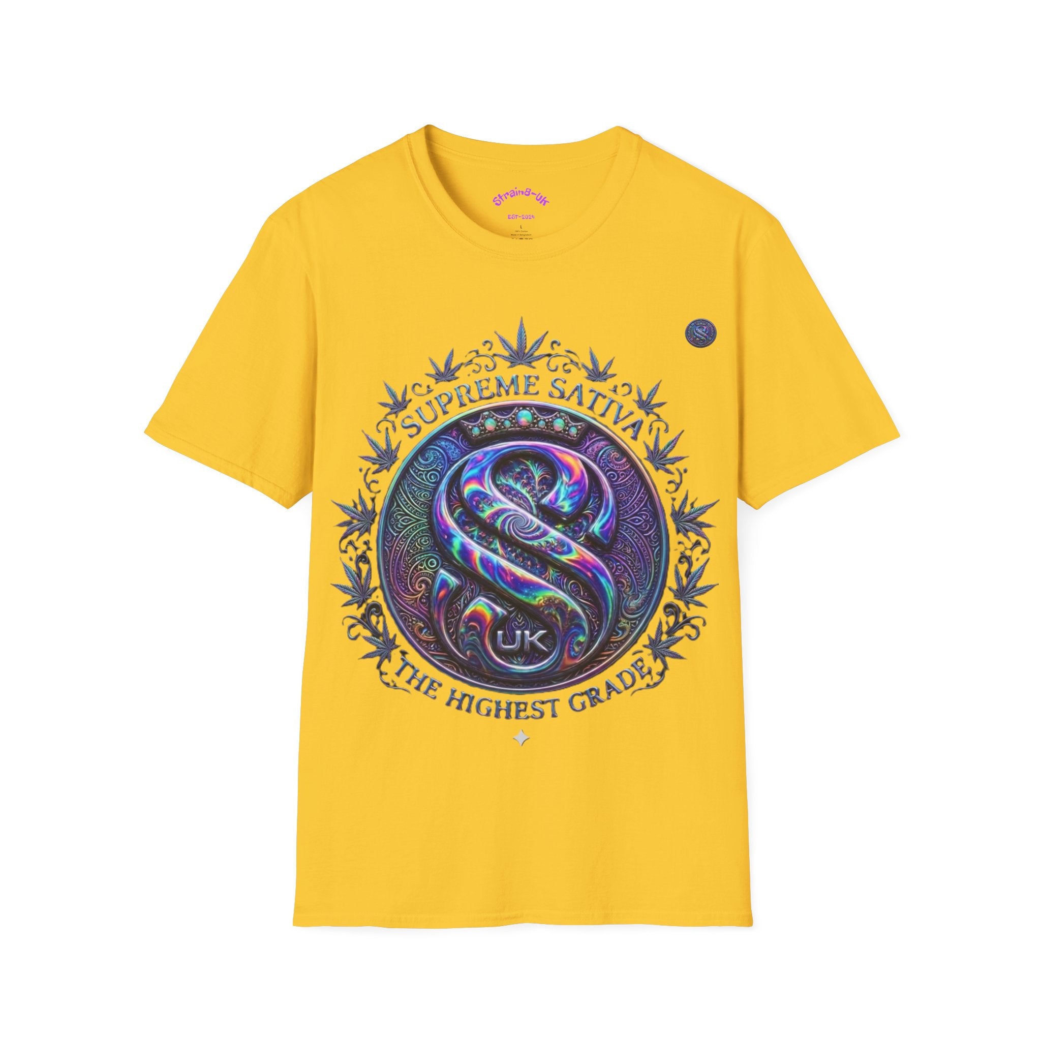 Strain8-UK Supreme Sativa Graphic T‑Shirt — "The Highest Grade" Psychedelic Logo Tee