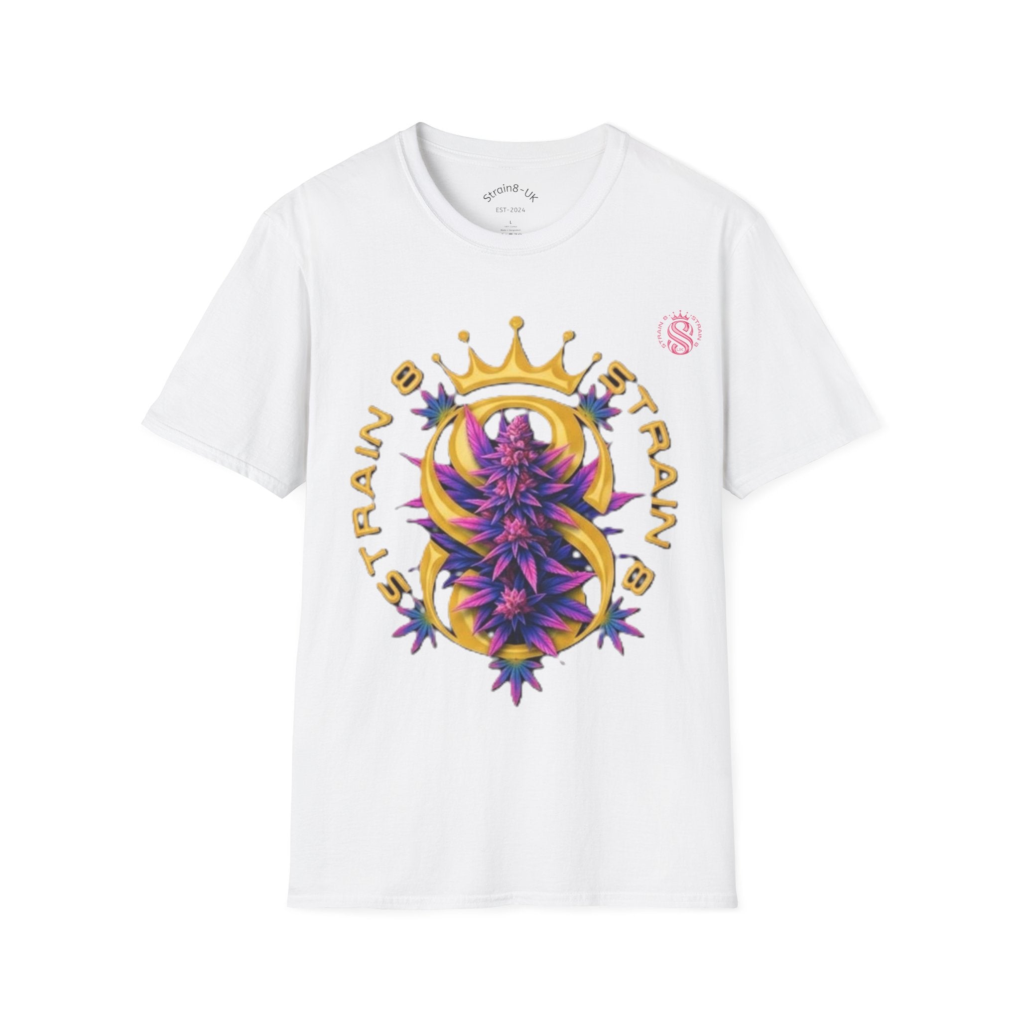 Strain8-UK Crowned Purple Floral & Original Logo T-Shirt — Strain8-UK Graphic Tee