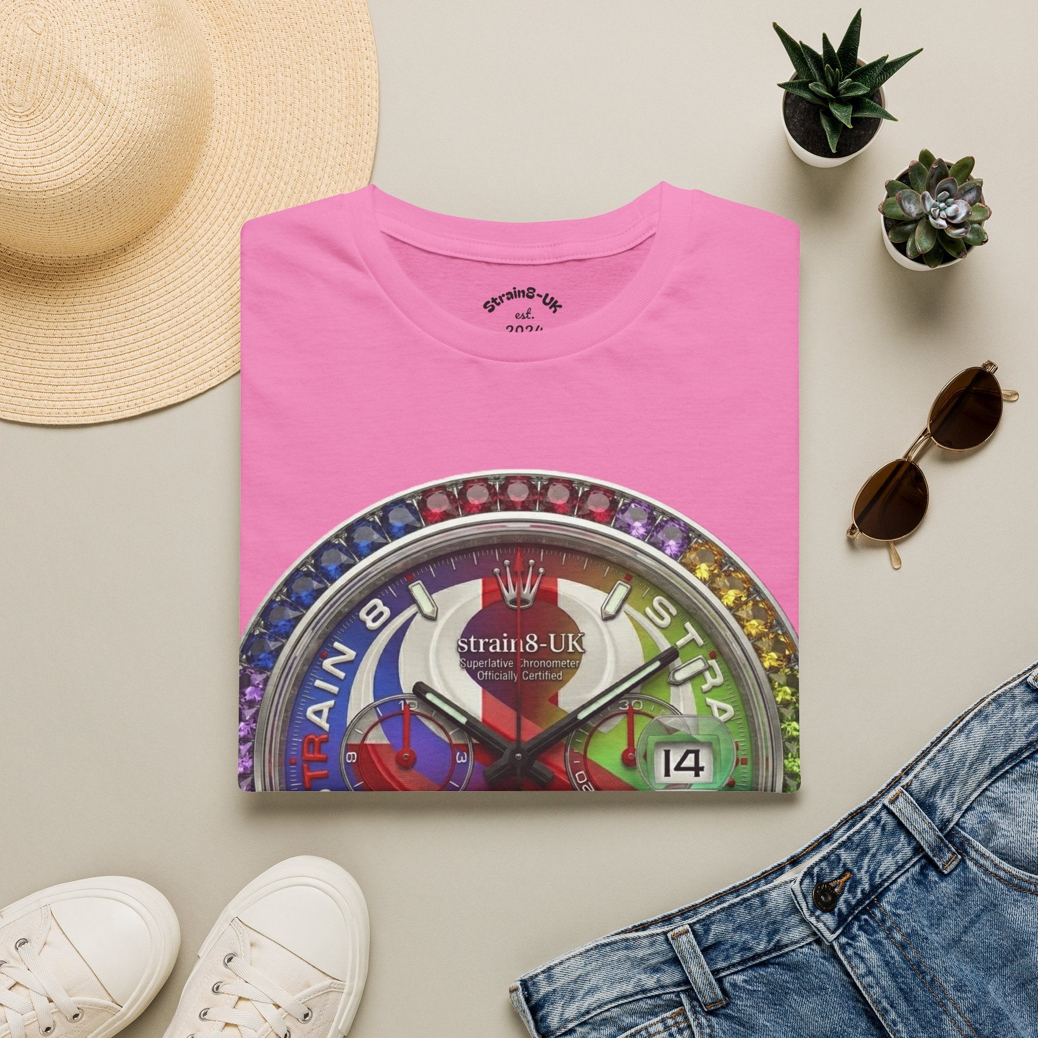 Rainbow Watch Face Graphic T‑Shirt —Strain8-UK Colourful Timepiece Dial Design