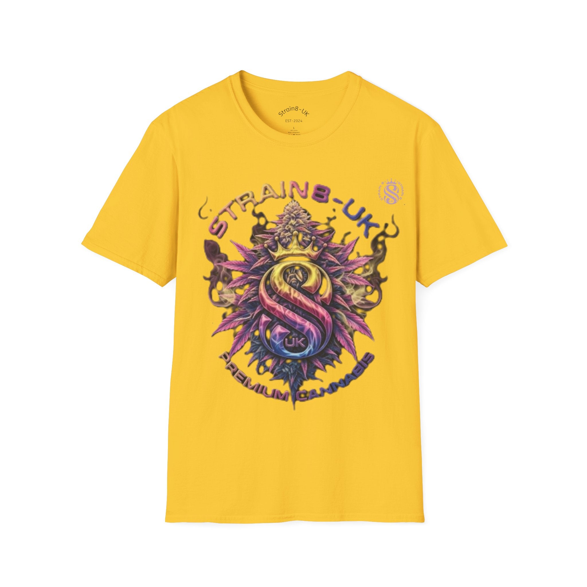 Strain8-UK T‑Shirt — Vibrant Psychedelic Leaf&Logo ‘STRAIN8-UK’ Graphic Tee