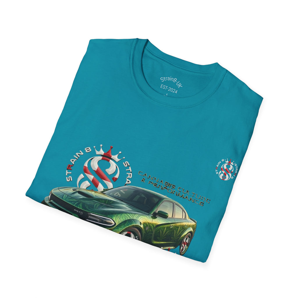 High Performance Strain8-UK Muscle Car T‑Shirt — Green Sports Car Graphic St George Cross Alloys Tee