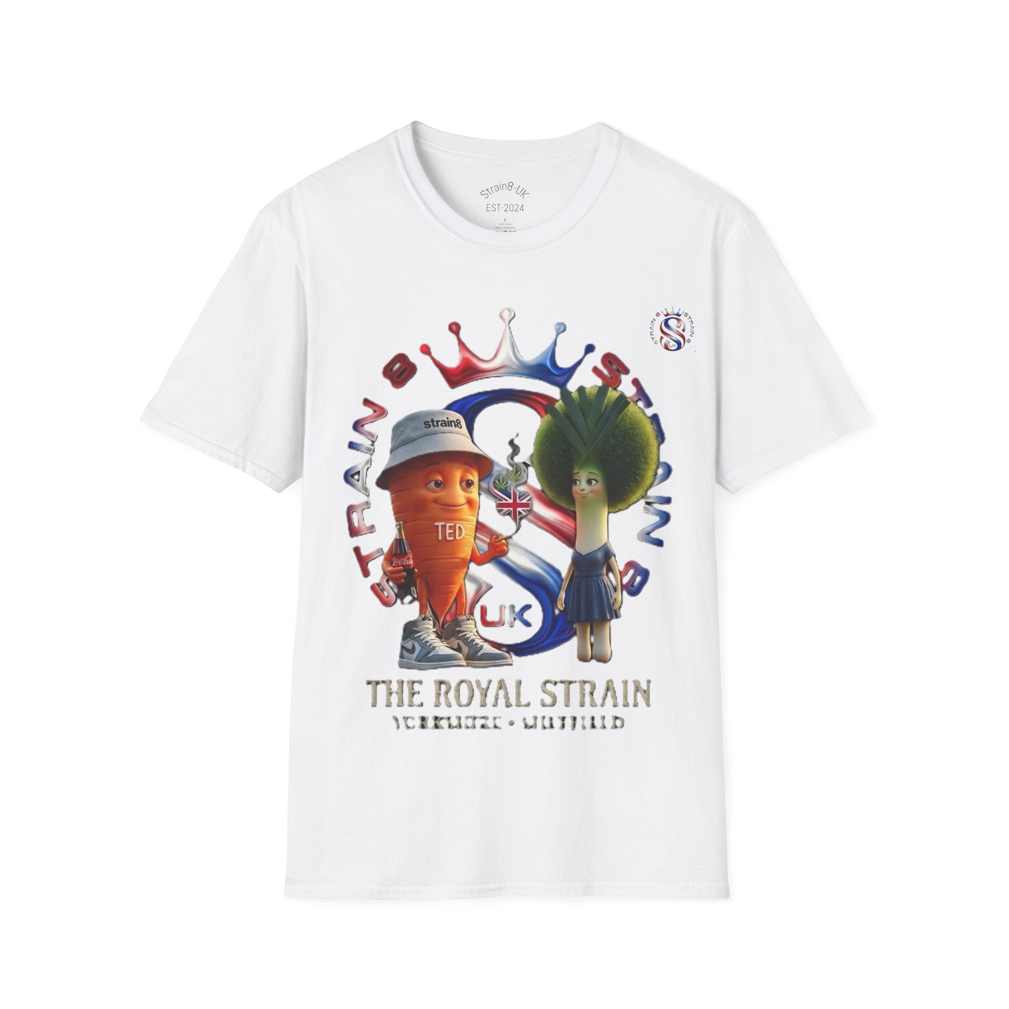 The Royal Strain8-UK T‑Shirt – Cute Cartoon Ted the carrot & Lucy the leak Veggie Characters Tee