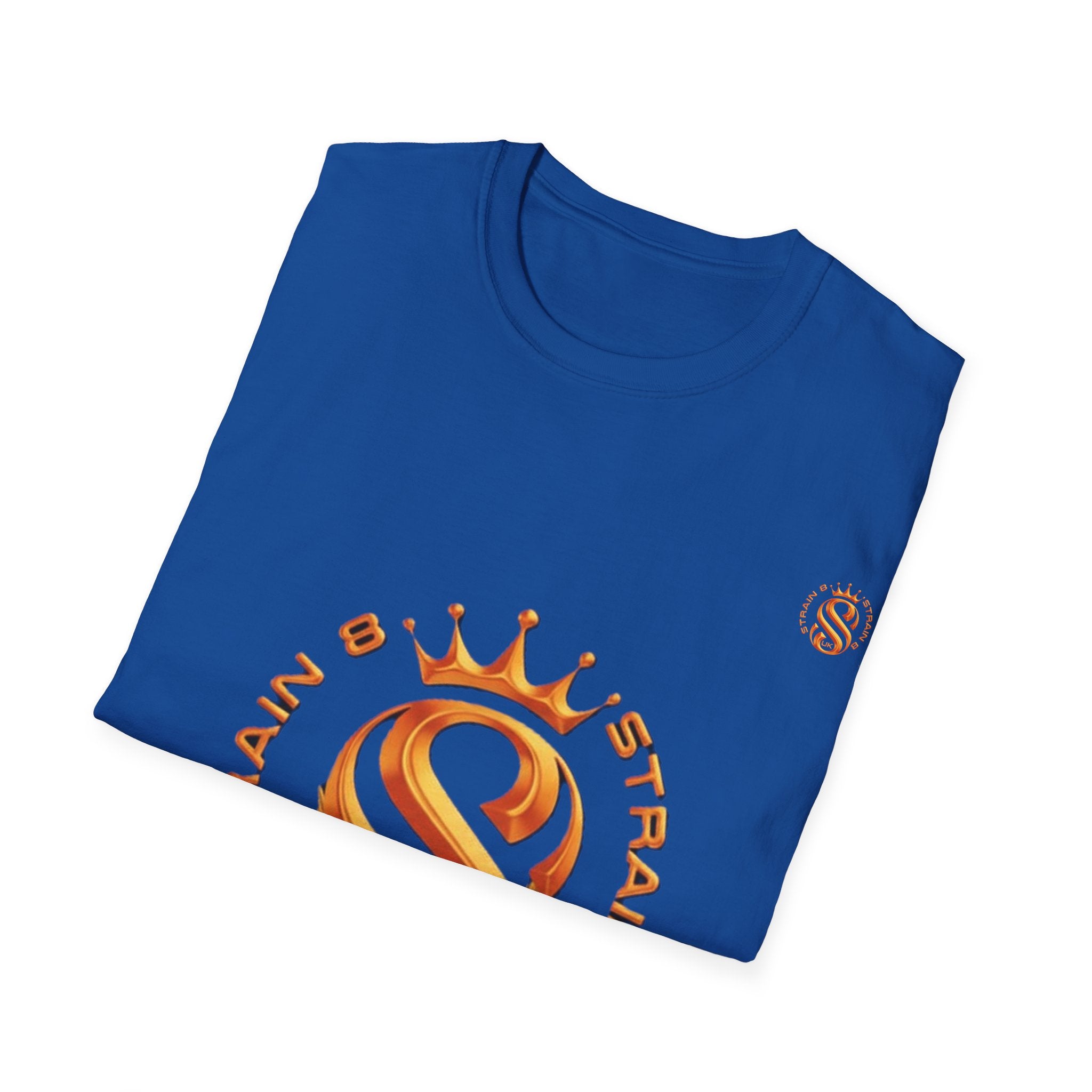 Strain8-UK metallic orange Royal Strain8-UK Emblem T‑Shirt — Crowned Strain8-UK Logo Graphic Tee