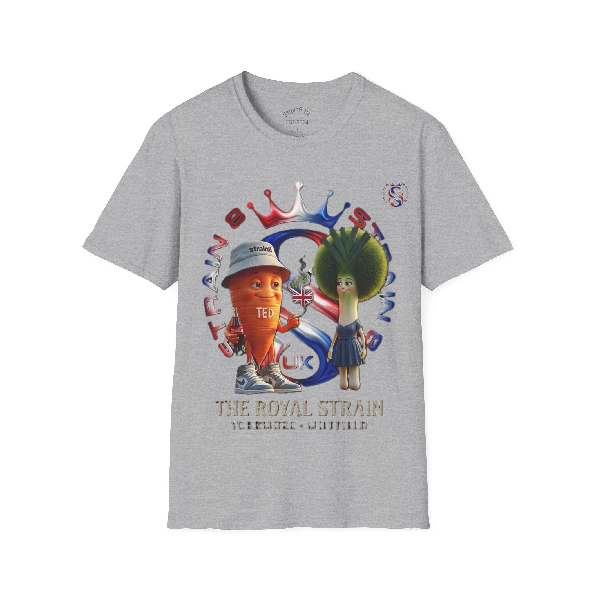 The Royal Strain8-UK T‑Shirt – Cute Cartoon Ted the carrot & Lucy the leak Veggie Characters Tee