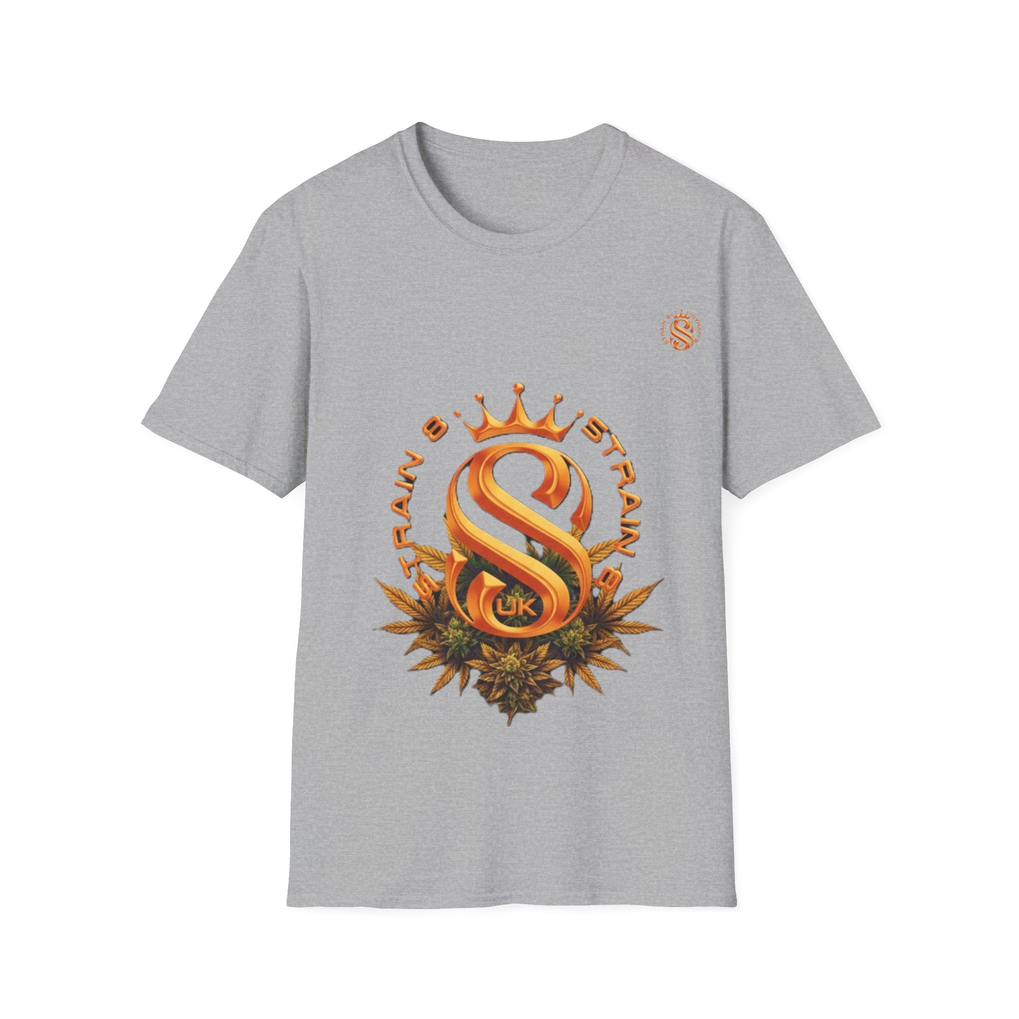 Strain8-UK metallic orange Royal Strain8-UK Emblem T‑Shirt — Crowned Strain8-UK Logo Graphic Tee