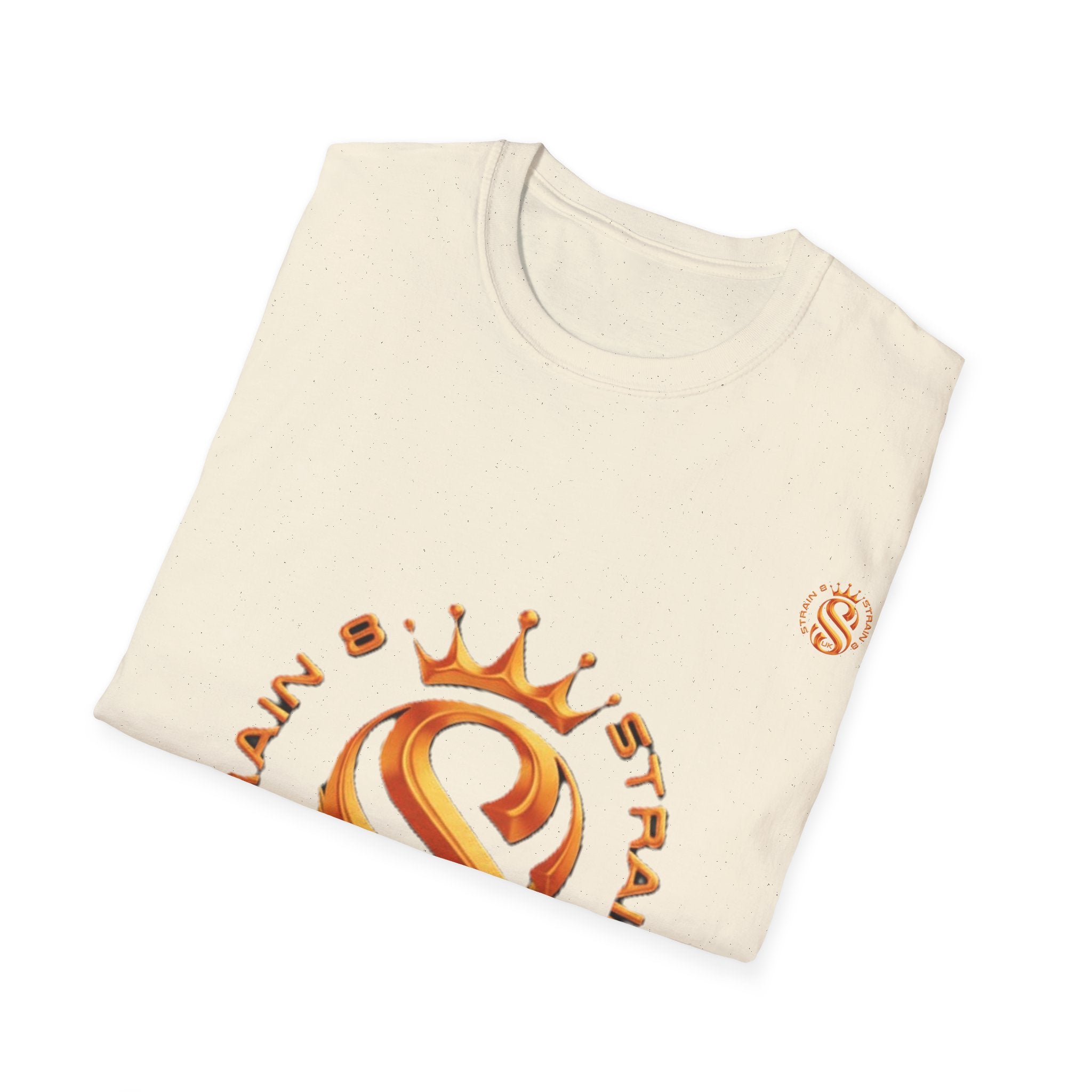Strain8-UK metallic orange Royal Strain8-UK Emblem T‑Shirt — Crowned Strain8-UK Logo Graphic Tee