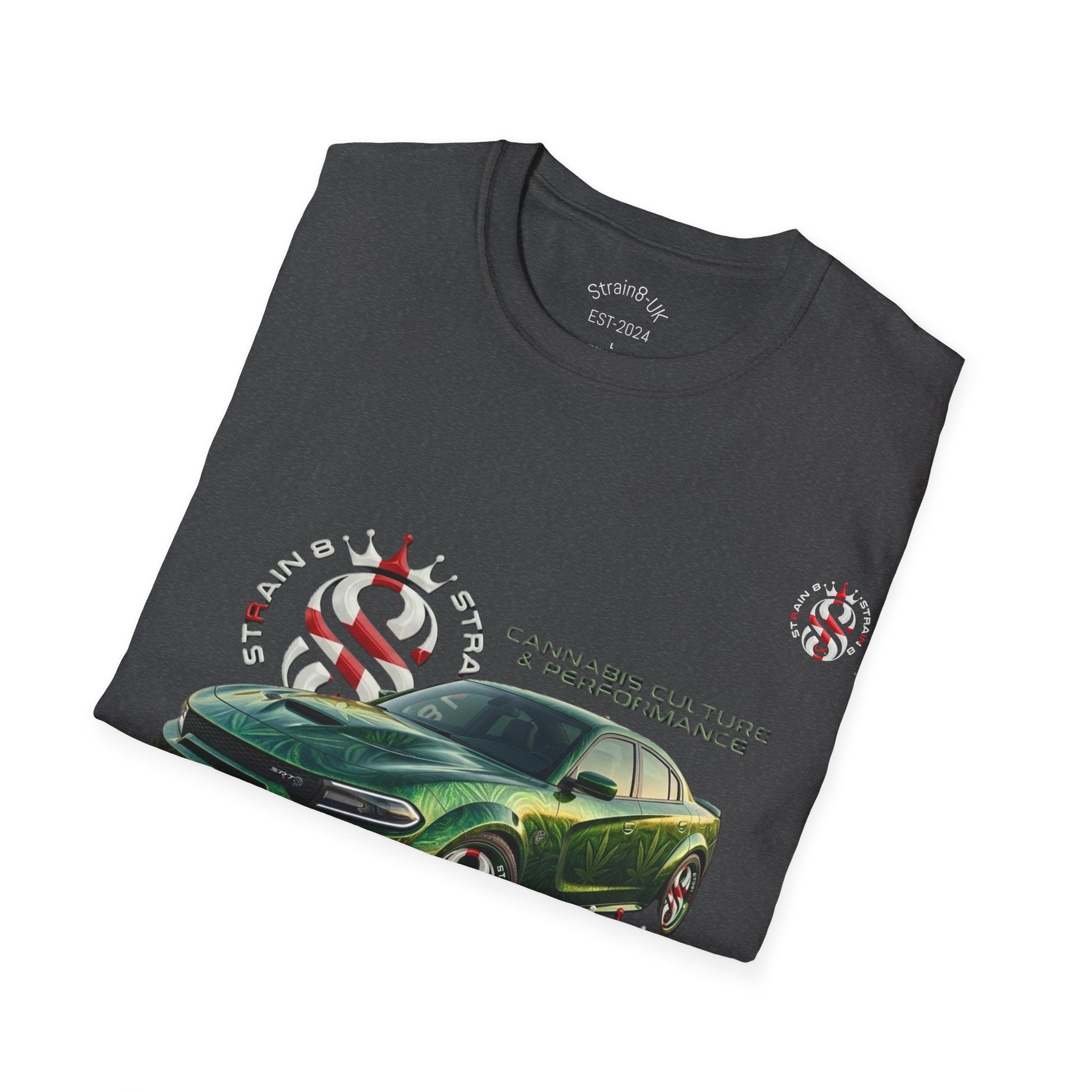 High Performance Strain8-UK Muscle Car T‑Shirt — Green Sports Car Graphic St George Cross Alloys Tee