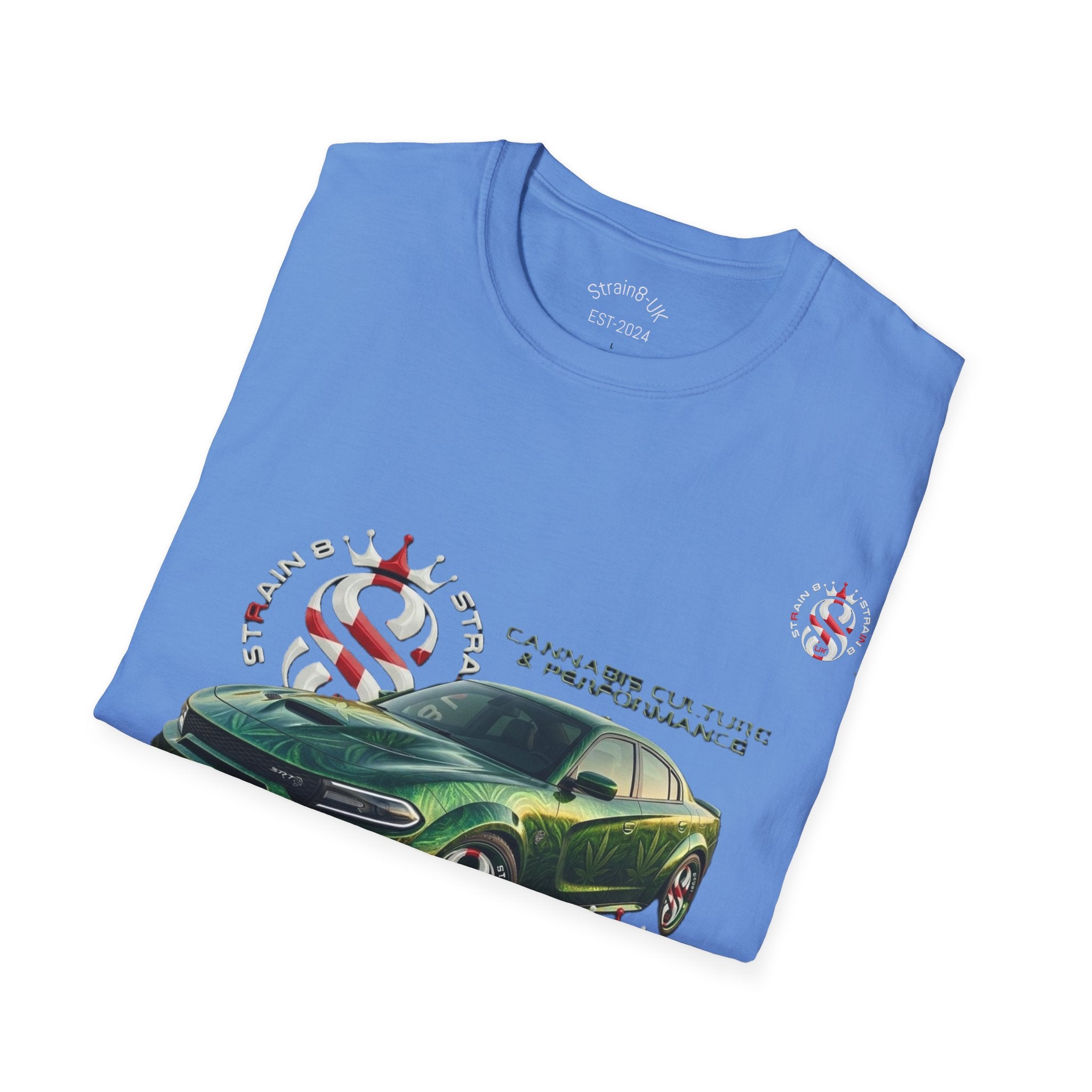 High Performance Strain8-UK Muscle Car T‑Shirt — Green Sports Car Graphic St George Cross Alloys Tee