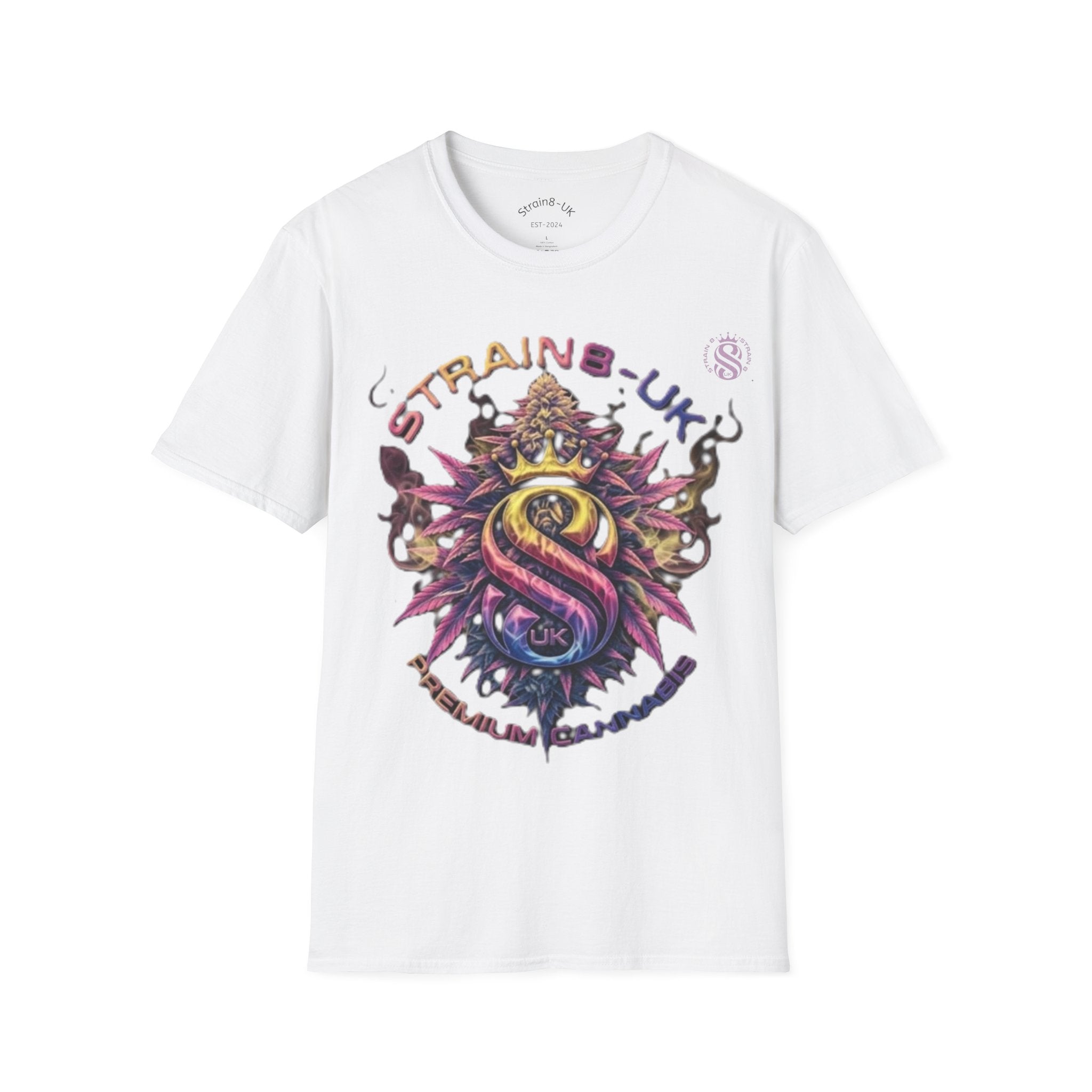 Strain8-UK T‑Shirt — Vibrant Psychedelic Leaf&Logo ‘STRAIN8-UK’ Graphic Tee