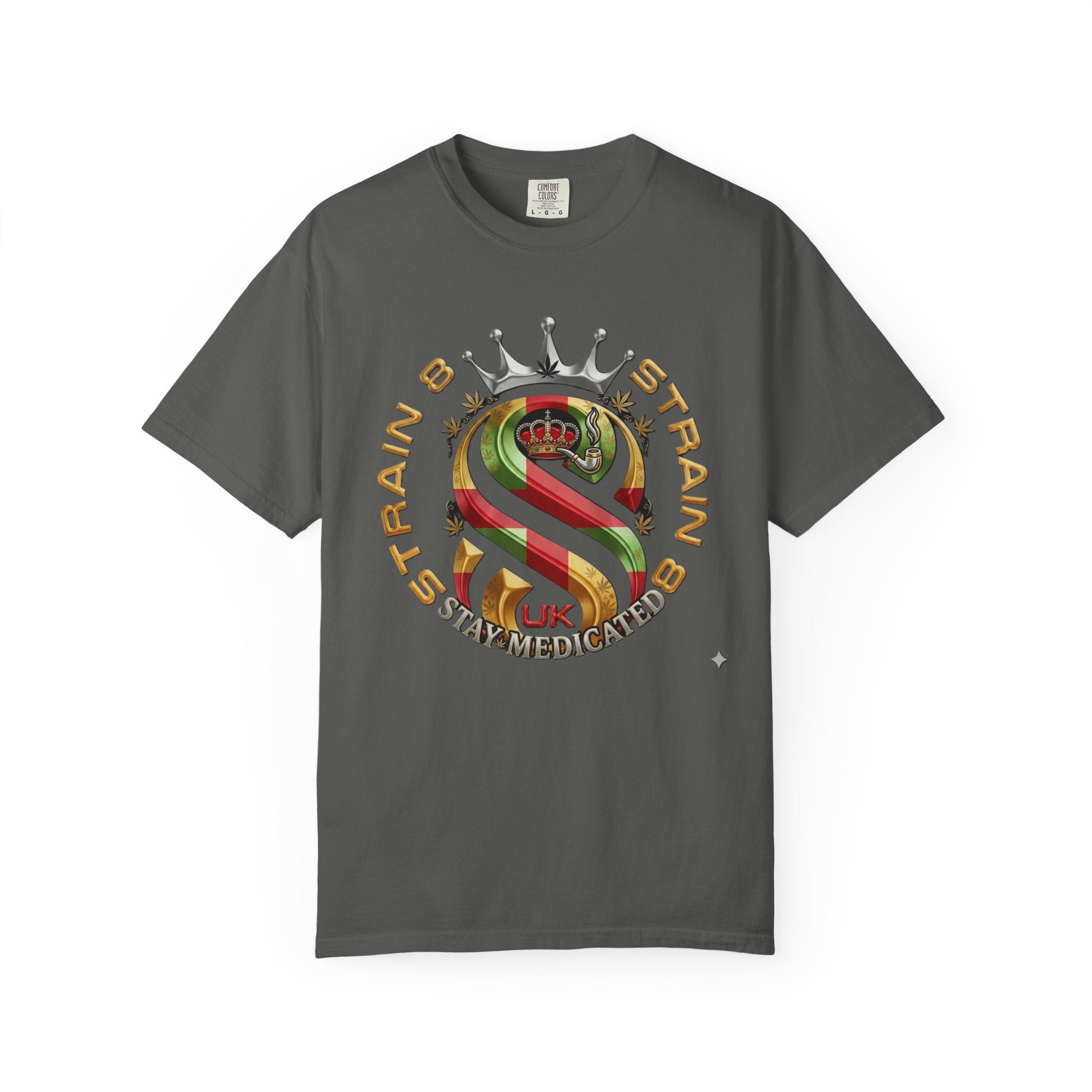 Strain8-UK Crown Logo T-Shirt — St George Cross Mixed With Spanish Flahg-Inspired Graphic Tee