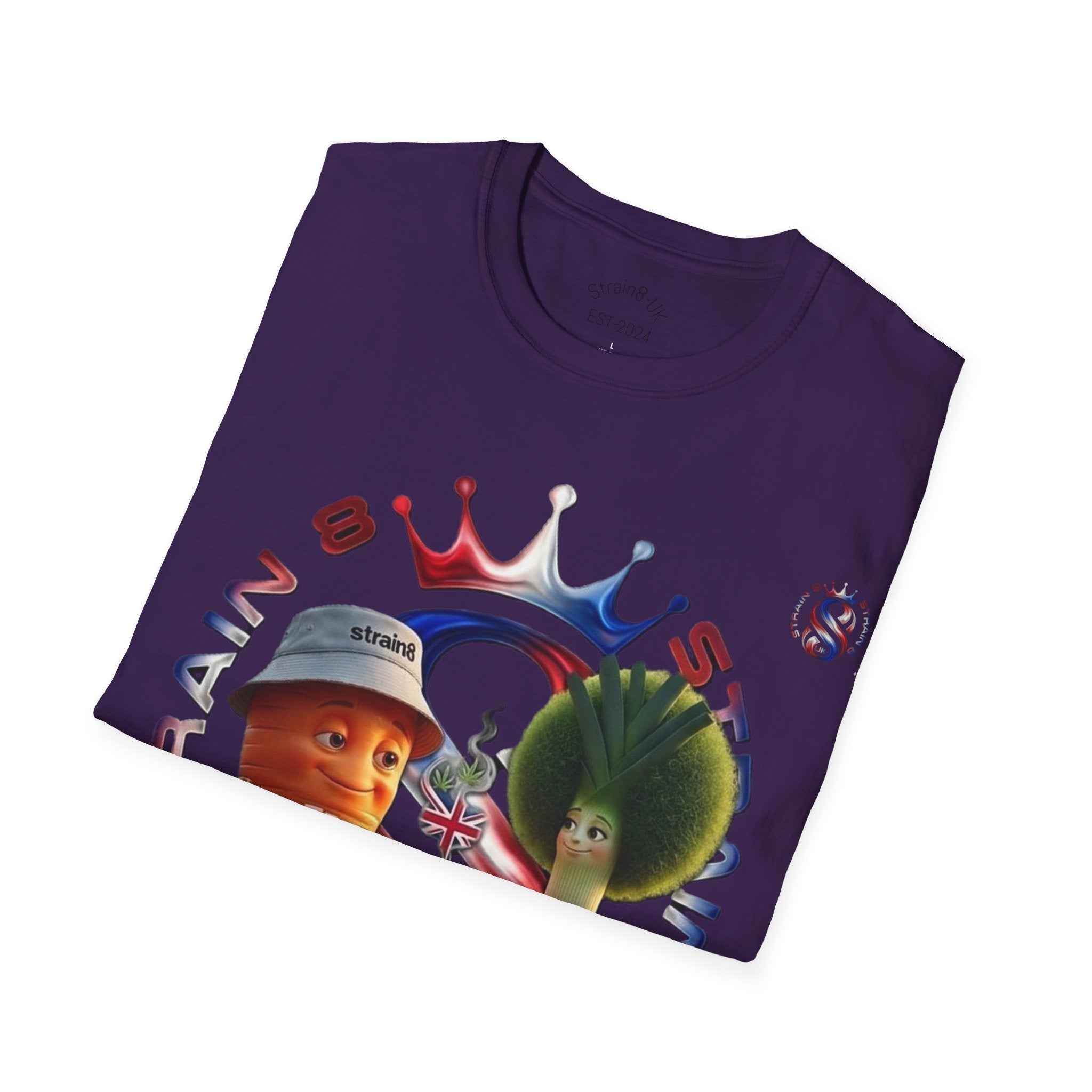 The Royal Strain8-UK T‑Shirt – Cute Cartoon Ted the carrot & Lucy the leak Veggie Characters Tee