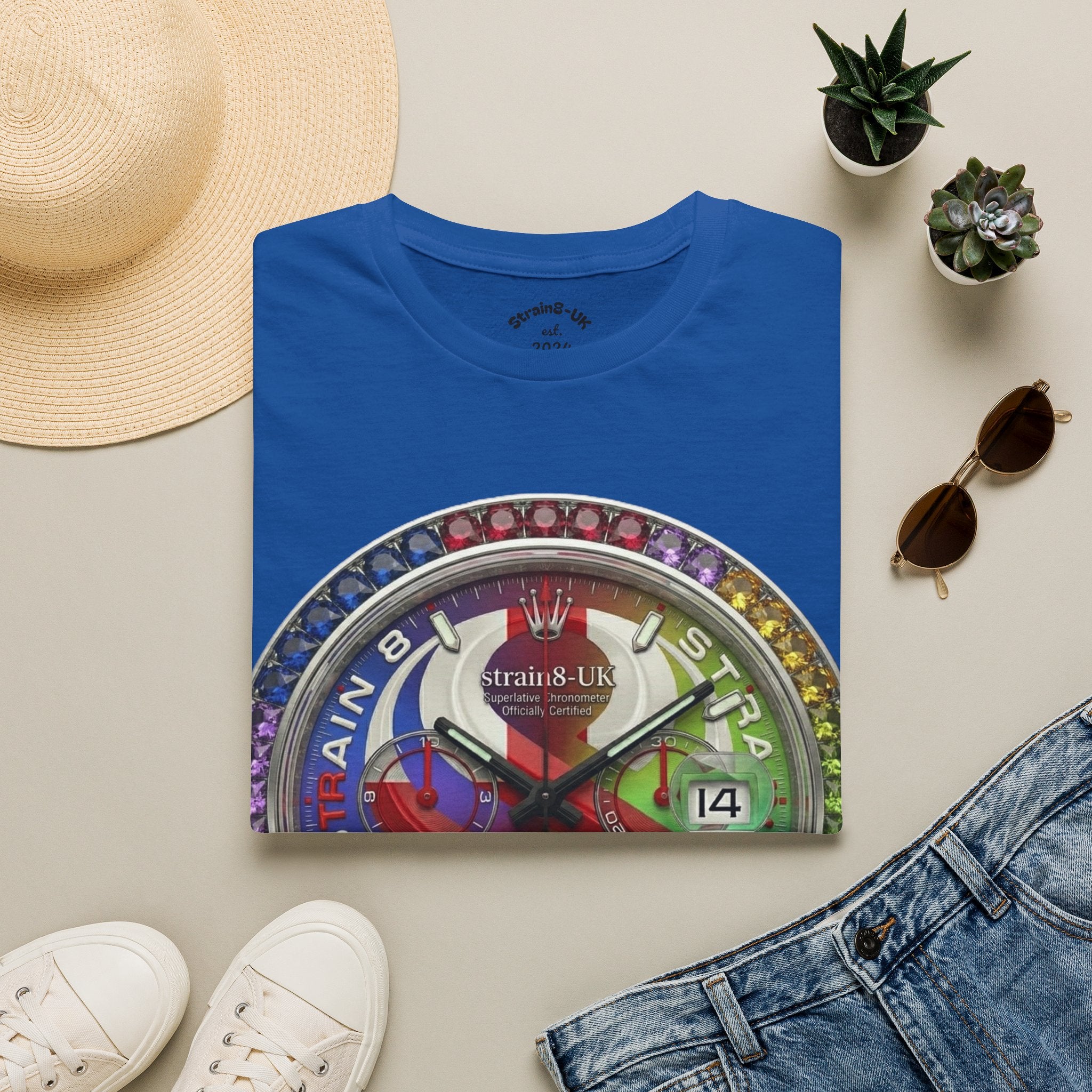 Rainbow Watch Face Graphic T‑Shirt —Strain8-UK Colourful Timepiece Dial Design