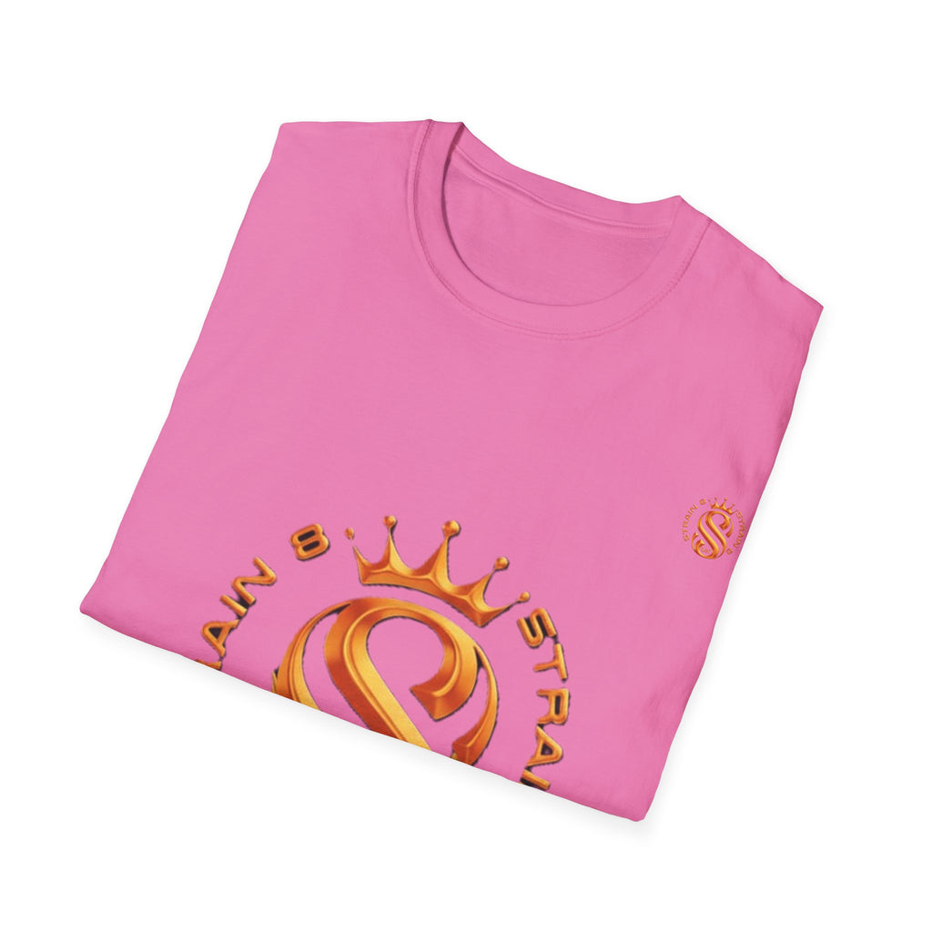 Strain8-UK metallic orange Royal Strain8-UK Emblem T‑Shirt — Crowned Strain8-UK Logo Graphic Tee