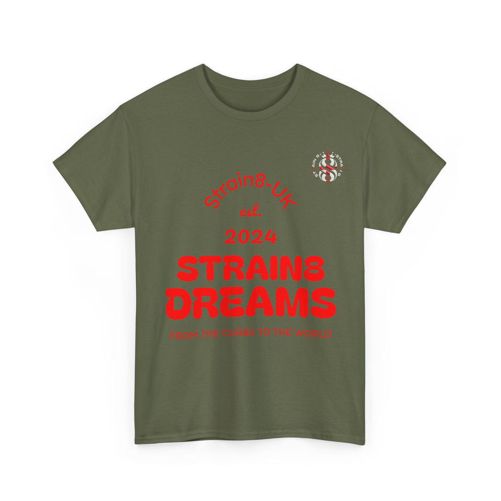 Strain8-UK Dreams 2024 St george cross & spanish flag original logo Tee — Graphic Band Tour Style T‑Shirt