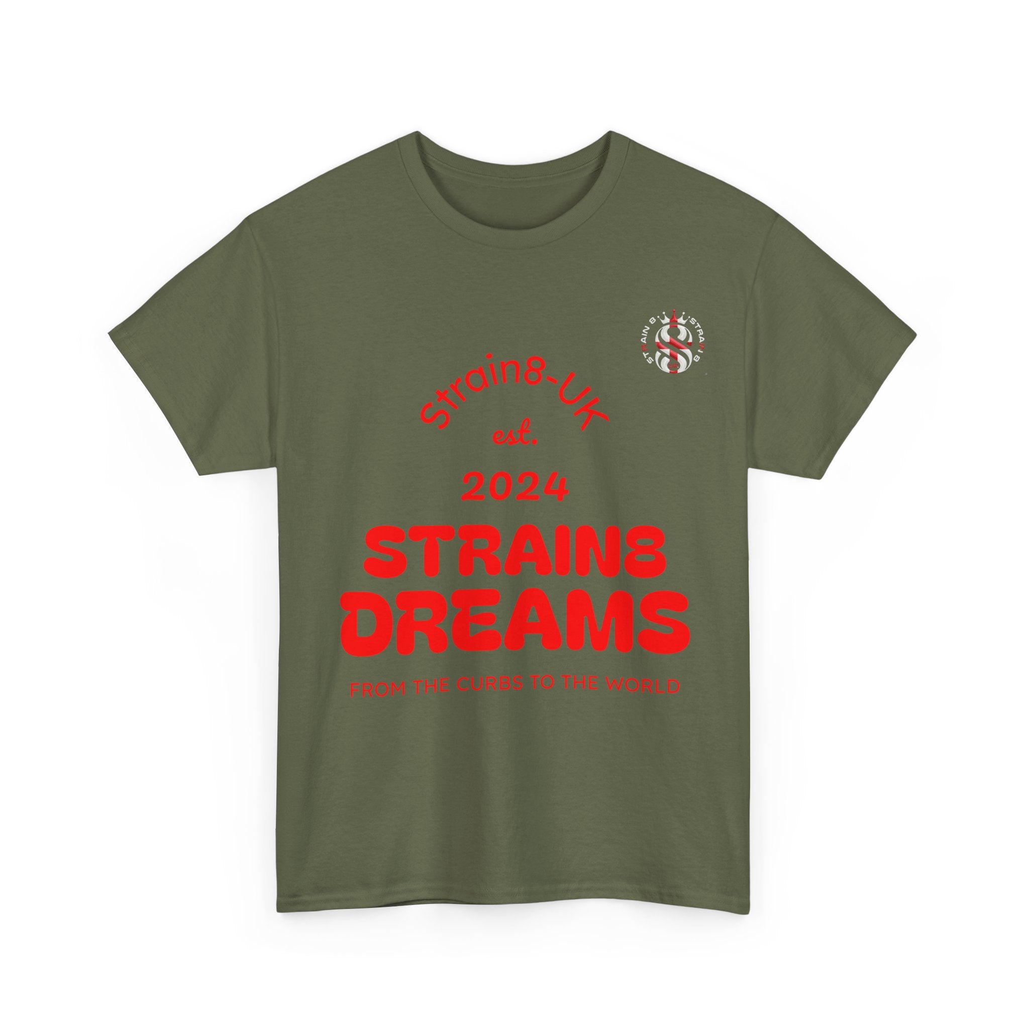 Strain8-UK Dreams 2024 St george cross & spanish flag original logo Tee — Graphic Band Tour Style T‑Shirt